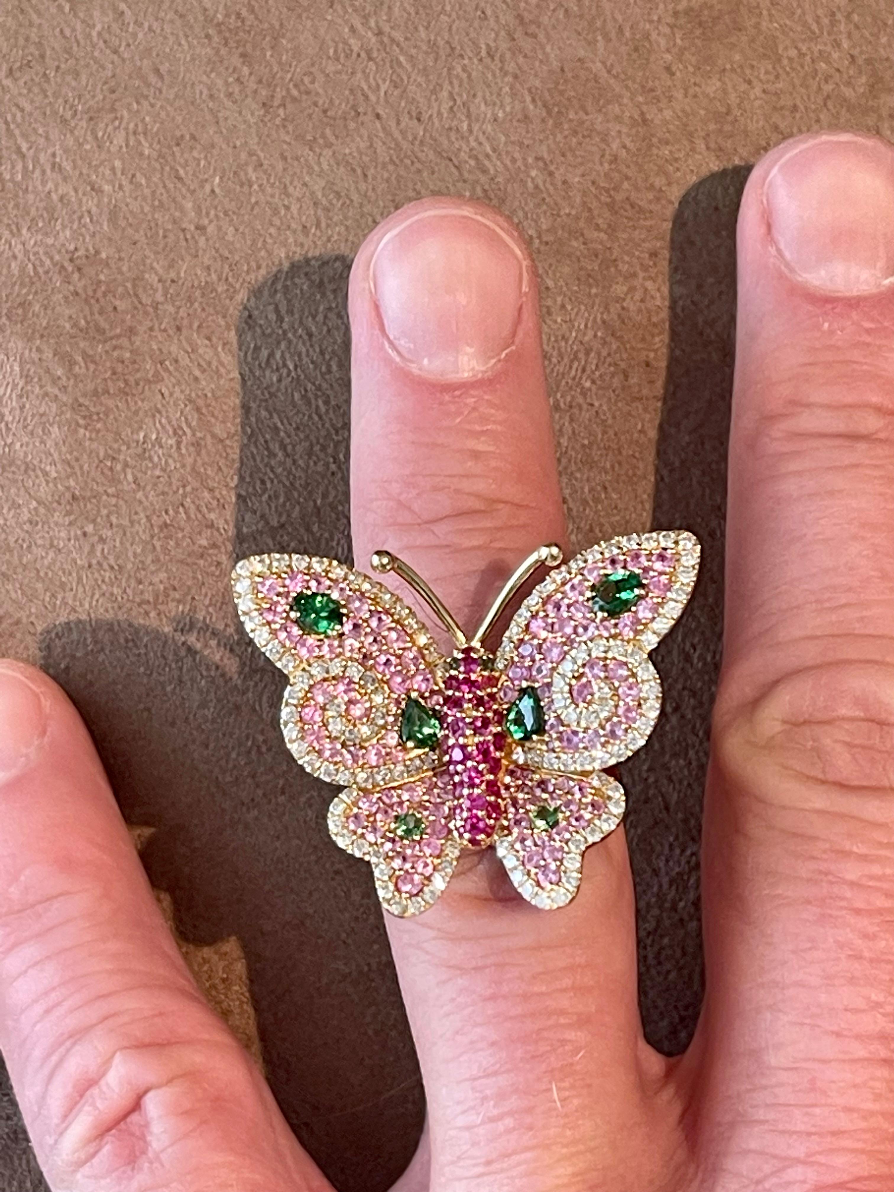 18 K Rose Gold Ruby Diamond Pink Sapphire Tsavorite Butterfly Ring For Sale 5