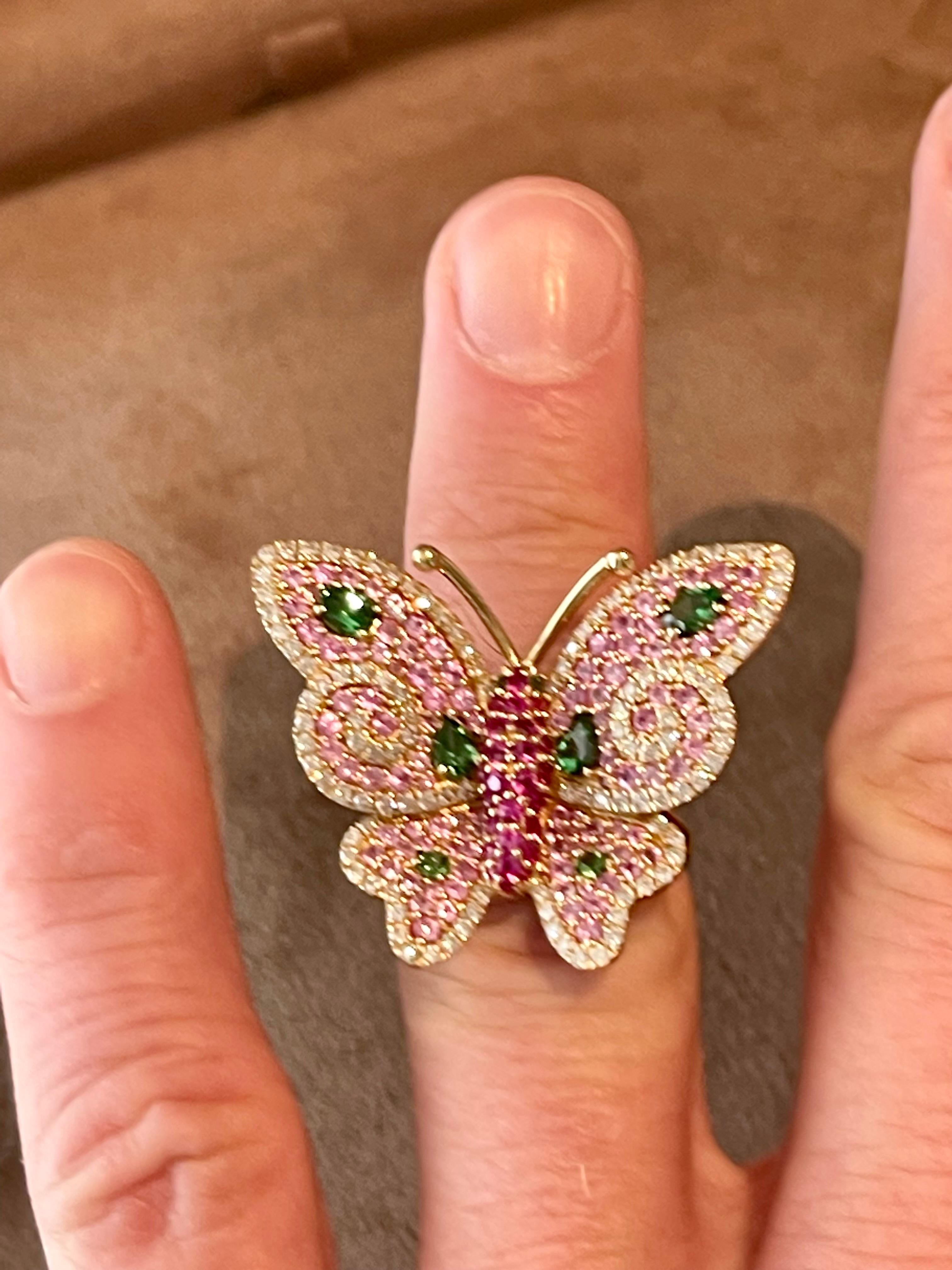 18 K Rose Gold Ruby Diamond Pink Sapphire Tsavorite Butterfly Ring For Sale 6