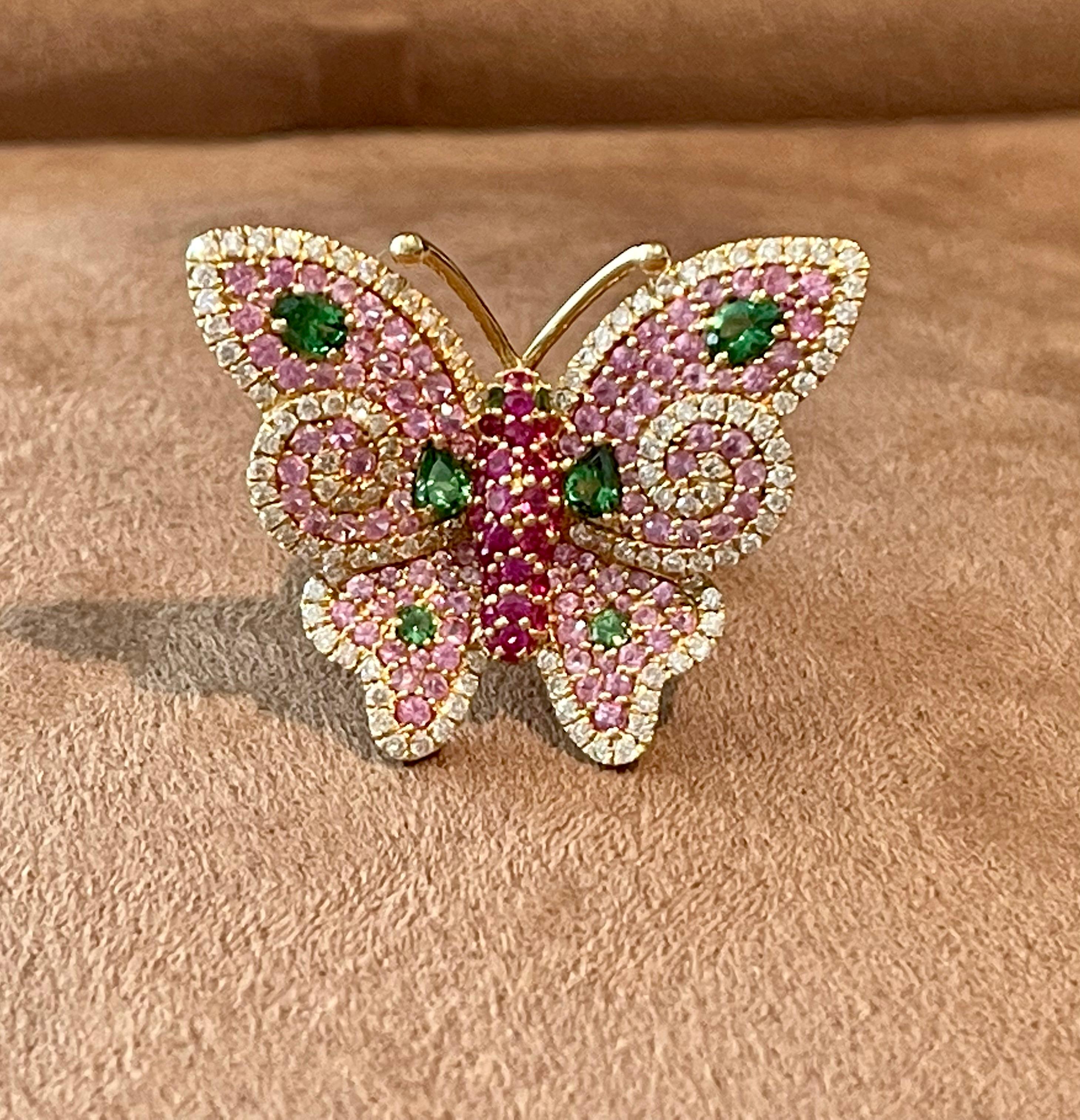 18 K Rose Gold Ruby Diamond Pink Sapphire Tsavorite Butterfly Ring For Sale 8