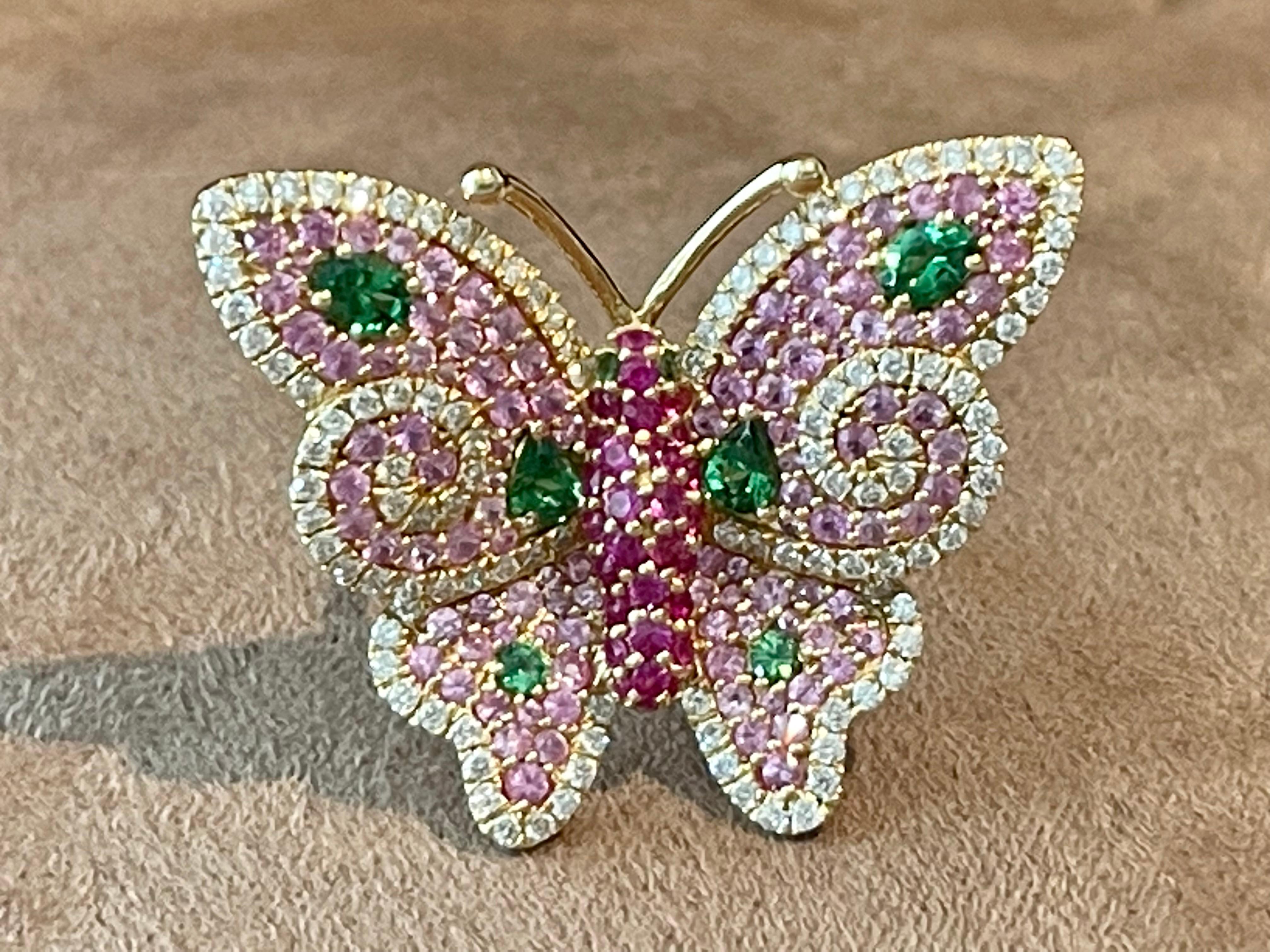 Women's 18 K Rose Gold Ruby Diamond Pink Sapphire Tsavorite Butterfly Ring For Sale