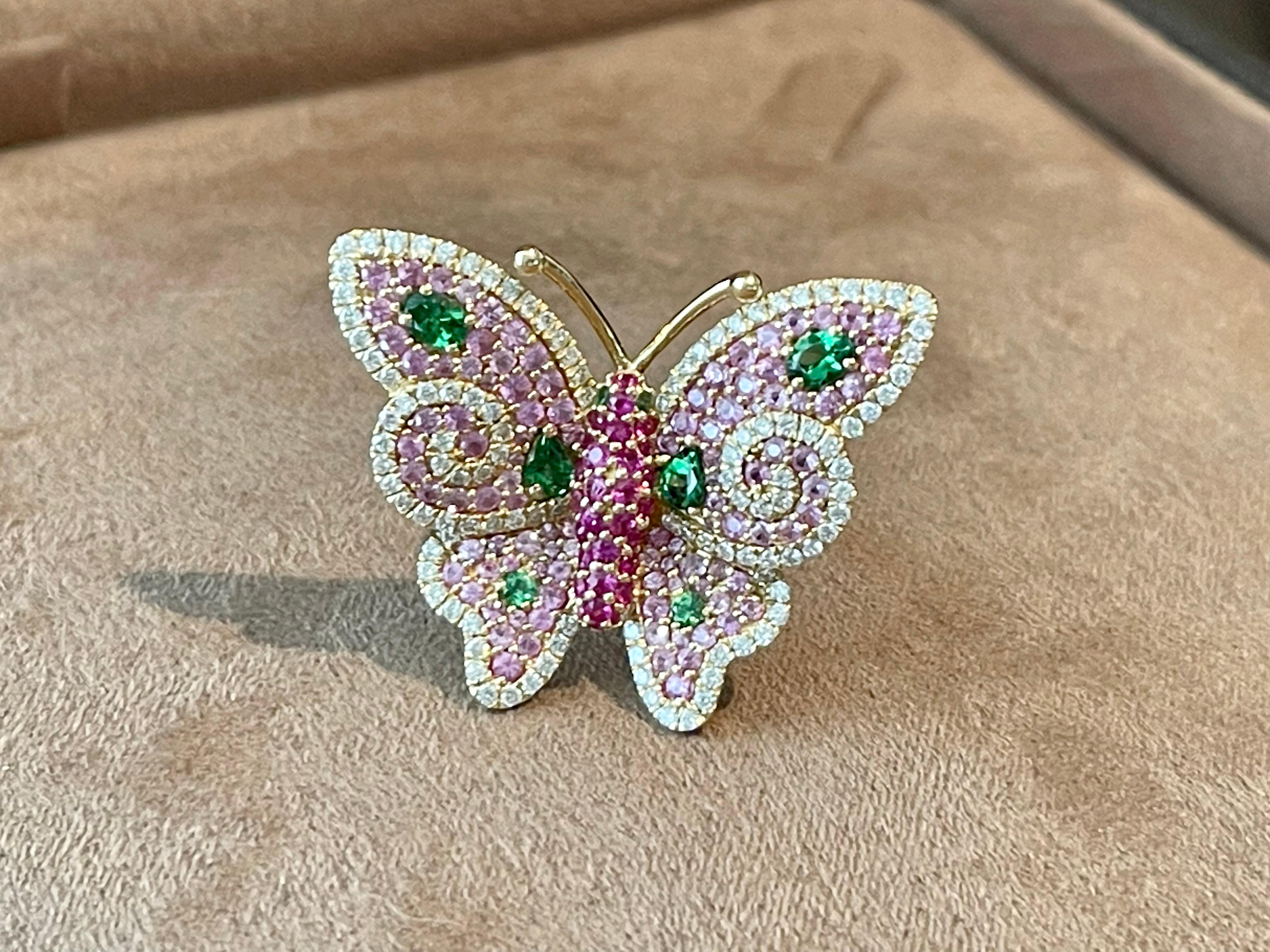 18 K Rose Gold Ruby Diamond Pink Sapphire Tsavorite Butterfly Ring For Sale 1