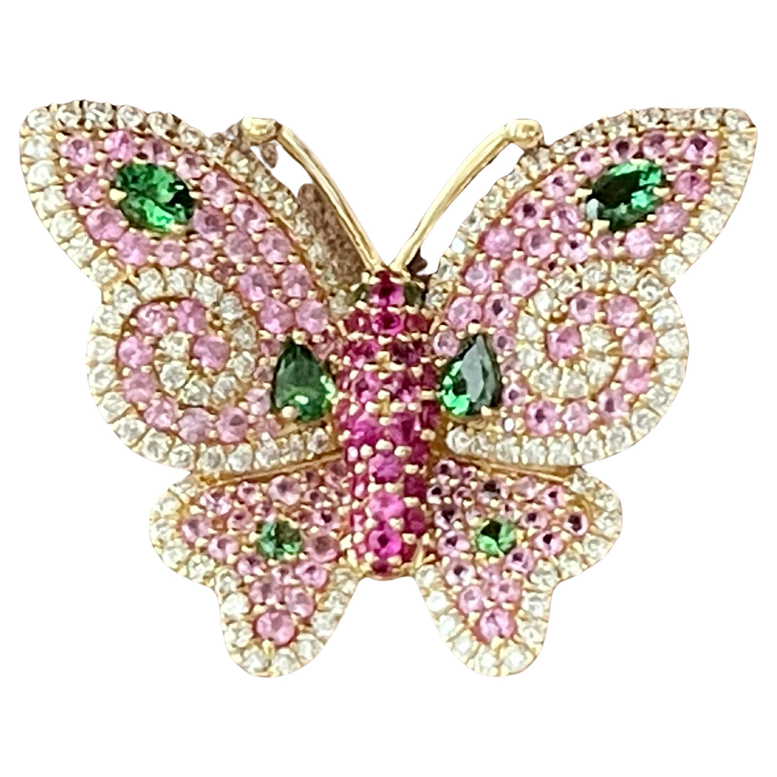 18 K Rose Gold Ruby Diamond Pink Sapphire Tsavorite Butterfly Ring