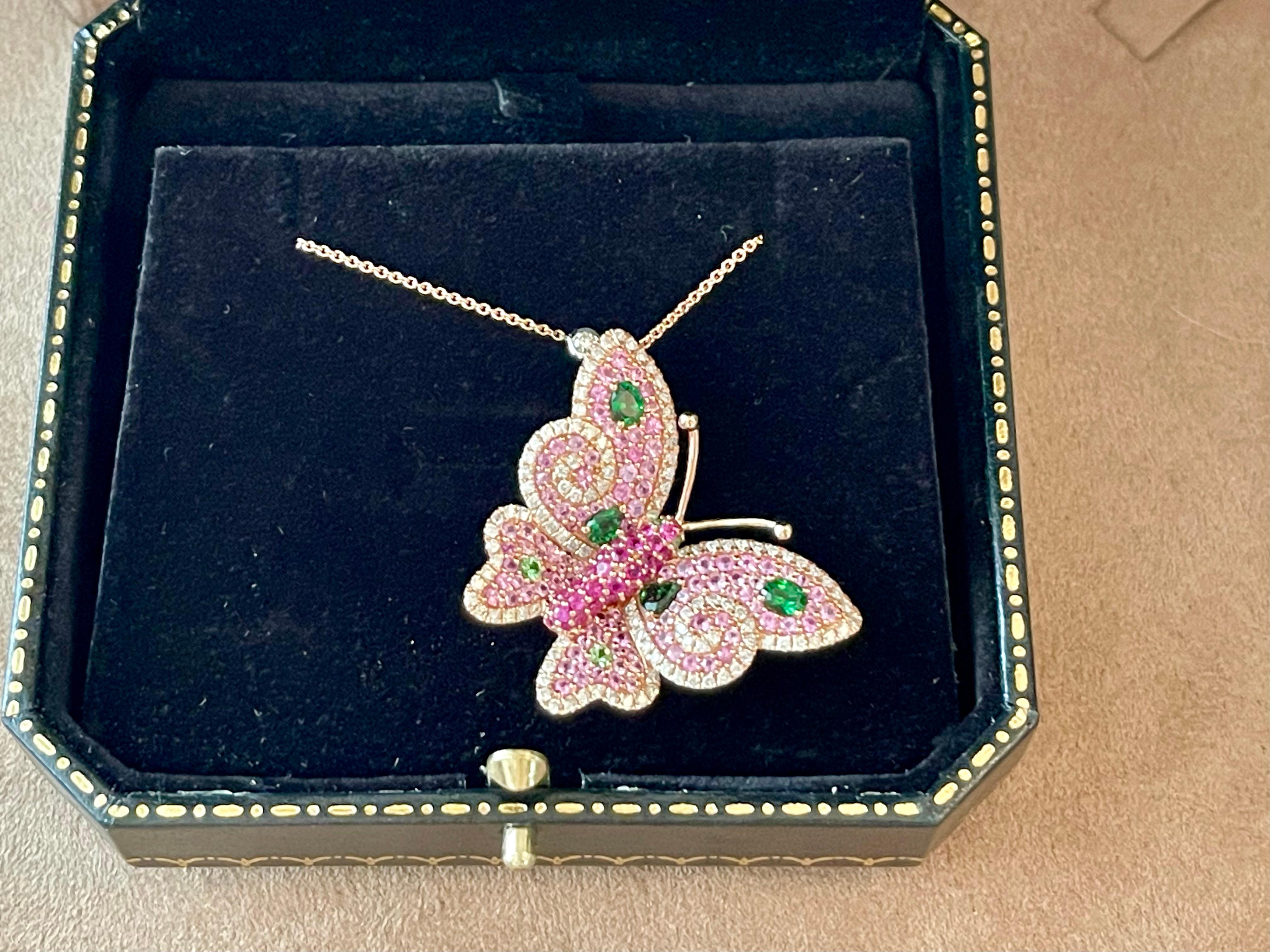 18k Rose Gold Ruby Pink Sapphire Diamond Tsavorite Butterfly Pendant with Chain For Sale 1