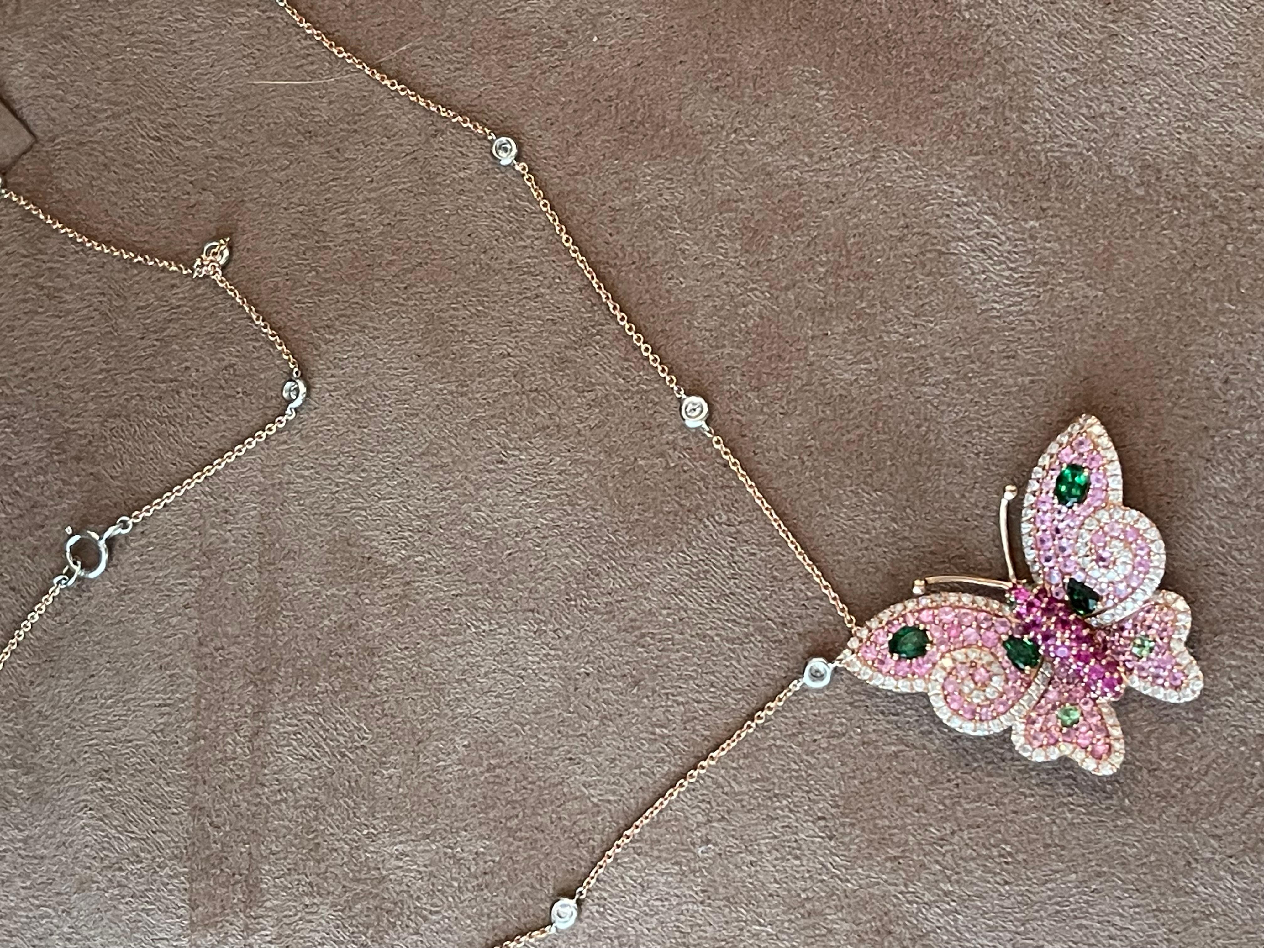 Contemporary 18k Rose Gold Ruby Pink Sapphire Diamond Tsavorite Butterfly Pendant with Chain For Sale