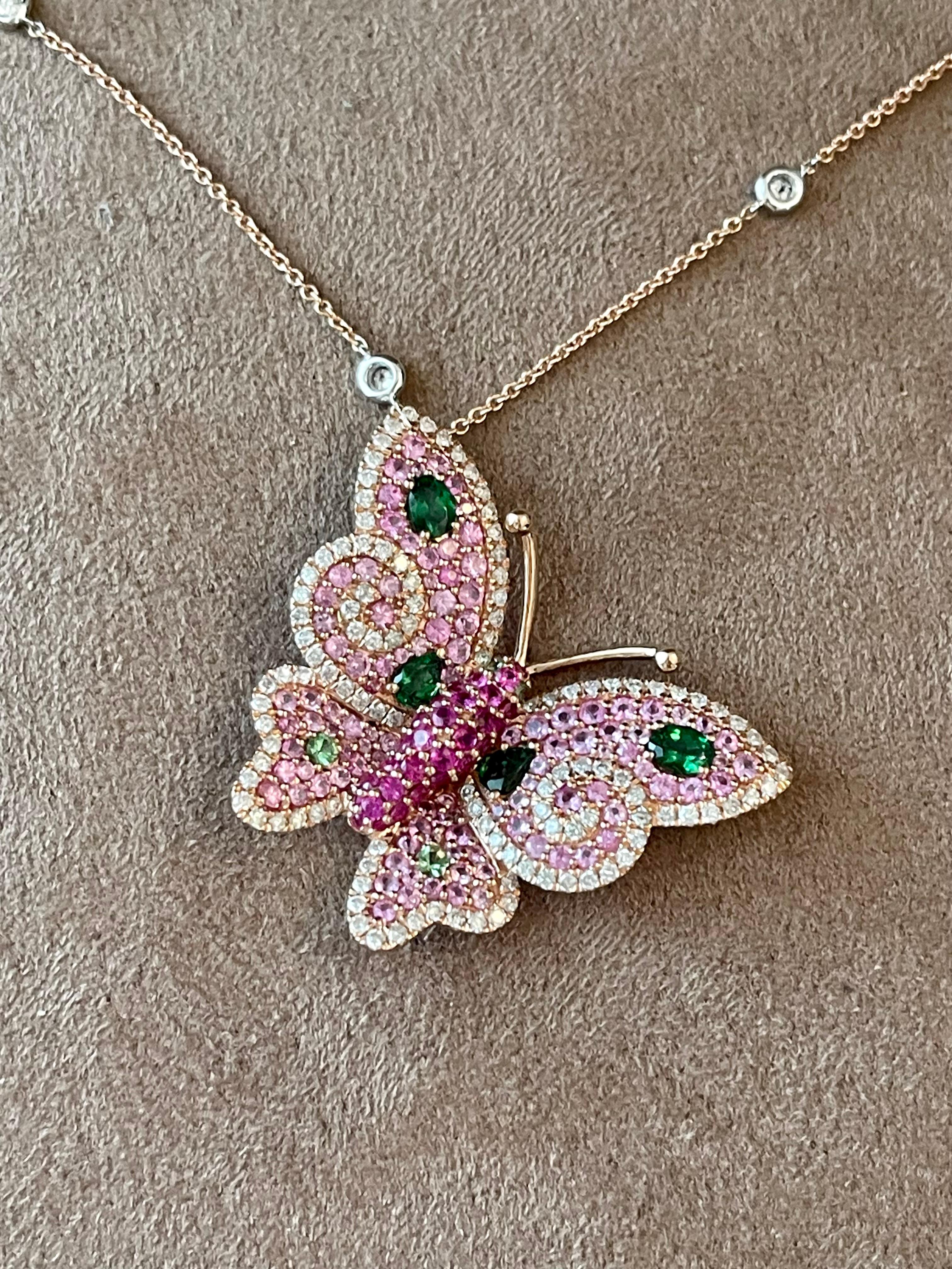 Brilliant Cut 18k Rose Gold Ruby Pink Sapphire Diamond Tsavorite Butterfly Pendant with Chain For Sale
