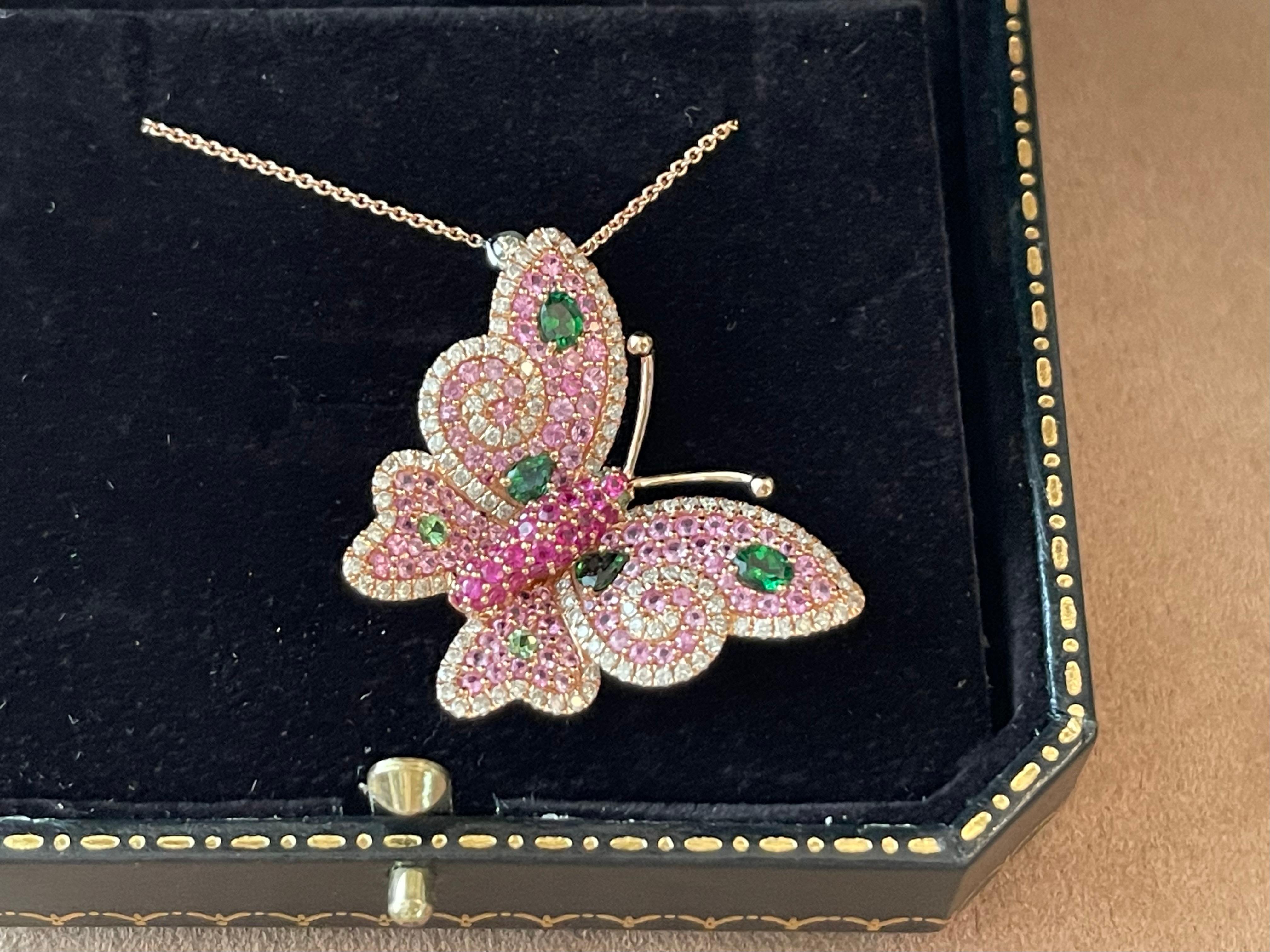 Women's 18k Rose Gold Ruby Pink Sapphire Diamond Tsavorite Butterfly Pendant with Chain For Sale