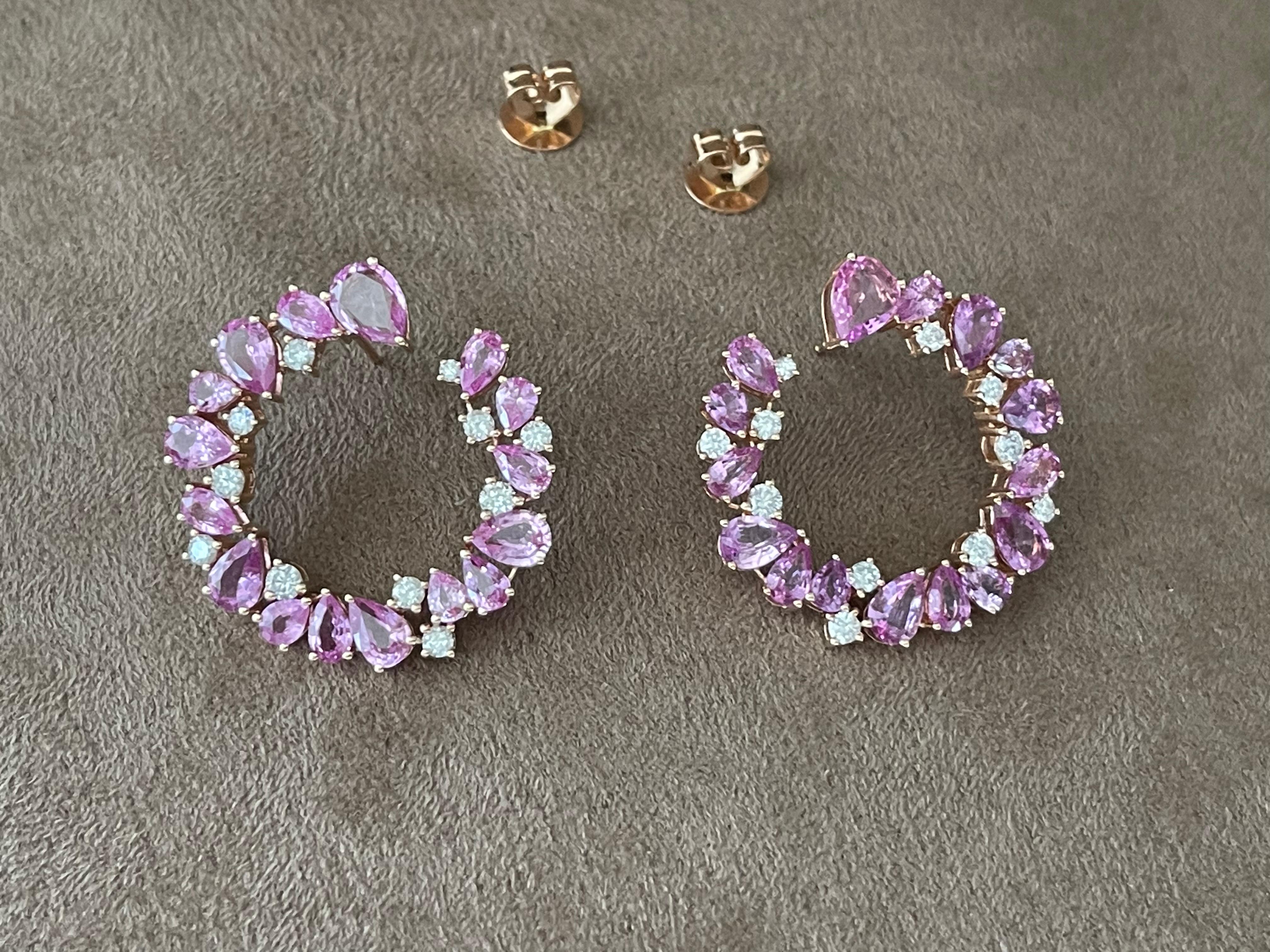 18 K Rose Gold Side Hoop Earrings Pink Sappire Diamonds For Sale 4