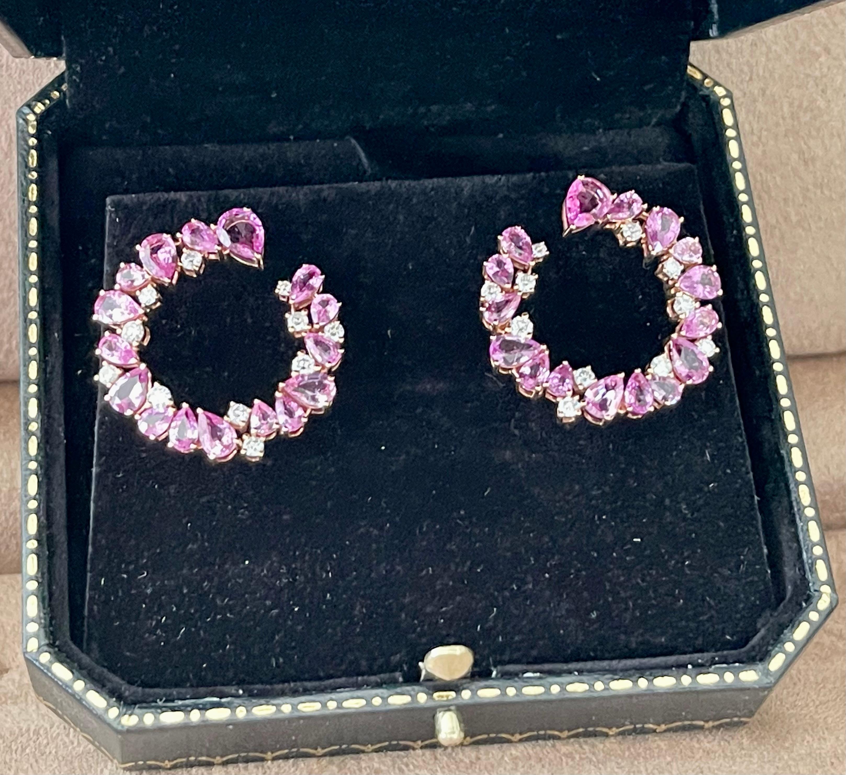 18 K Rose Gold Side Hoop Earrings Pink Sappire Diamonds For Sale 5