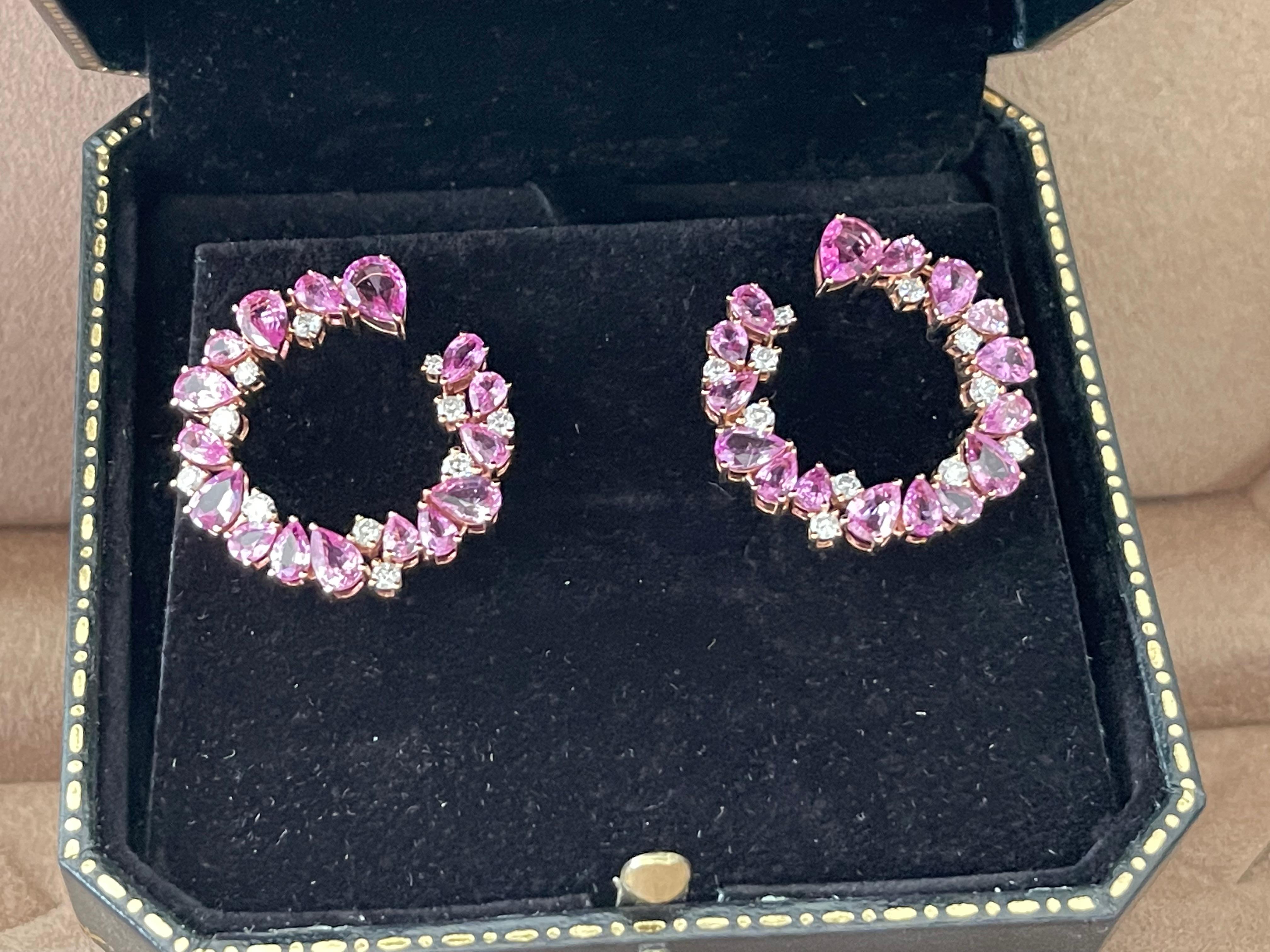 18 K Rose Gold Side Hoop Earrings Pink Sappire Diamonds For Sale 6