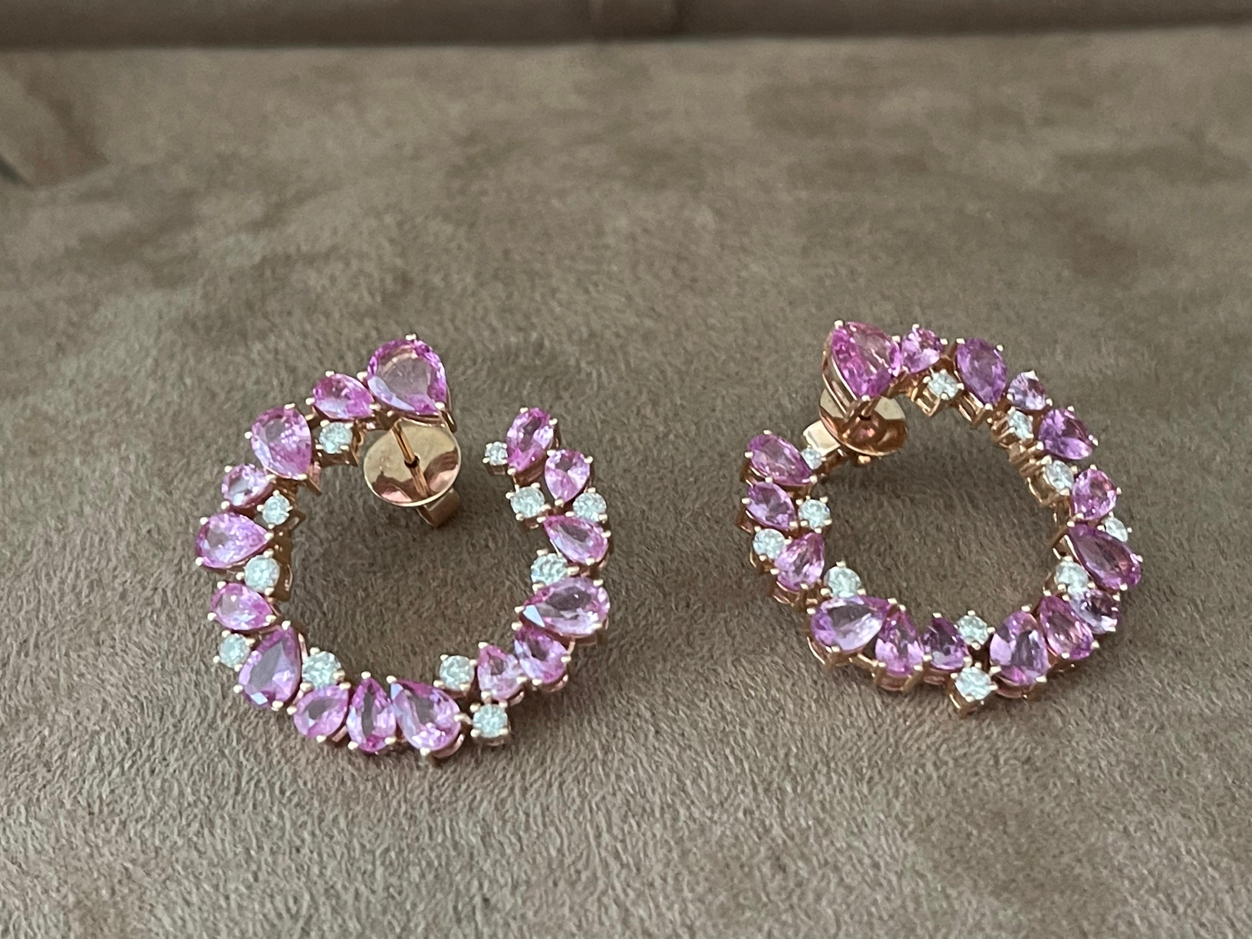 Contemporary 18 K Rose Gold Side Hoop Earrings Pink Sappire Diamonds For Sale