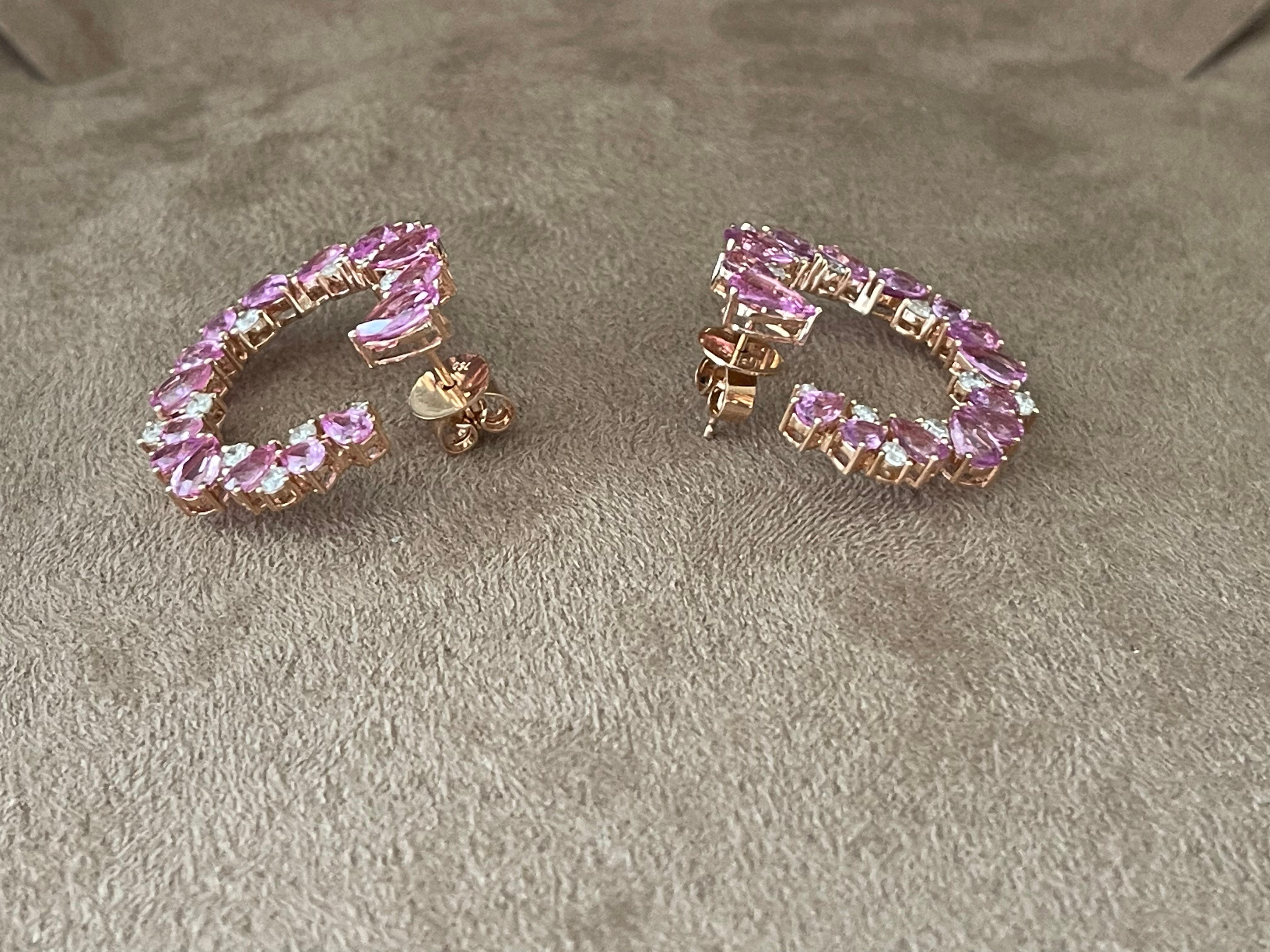 Pear Cut 18 K Rose Gold Side Hoop Earrings Pink Sappire Diamonds For Sale