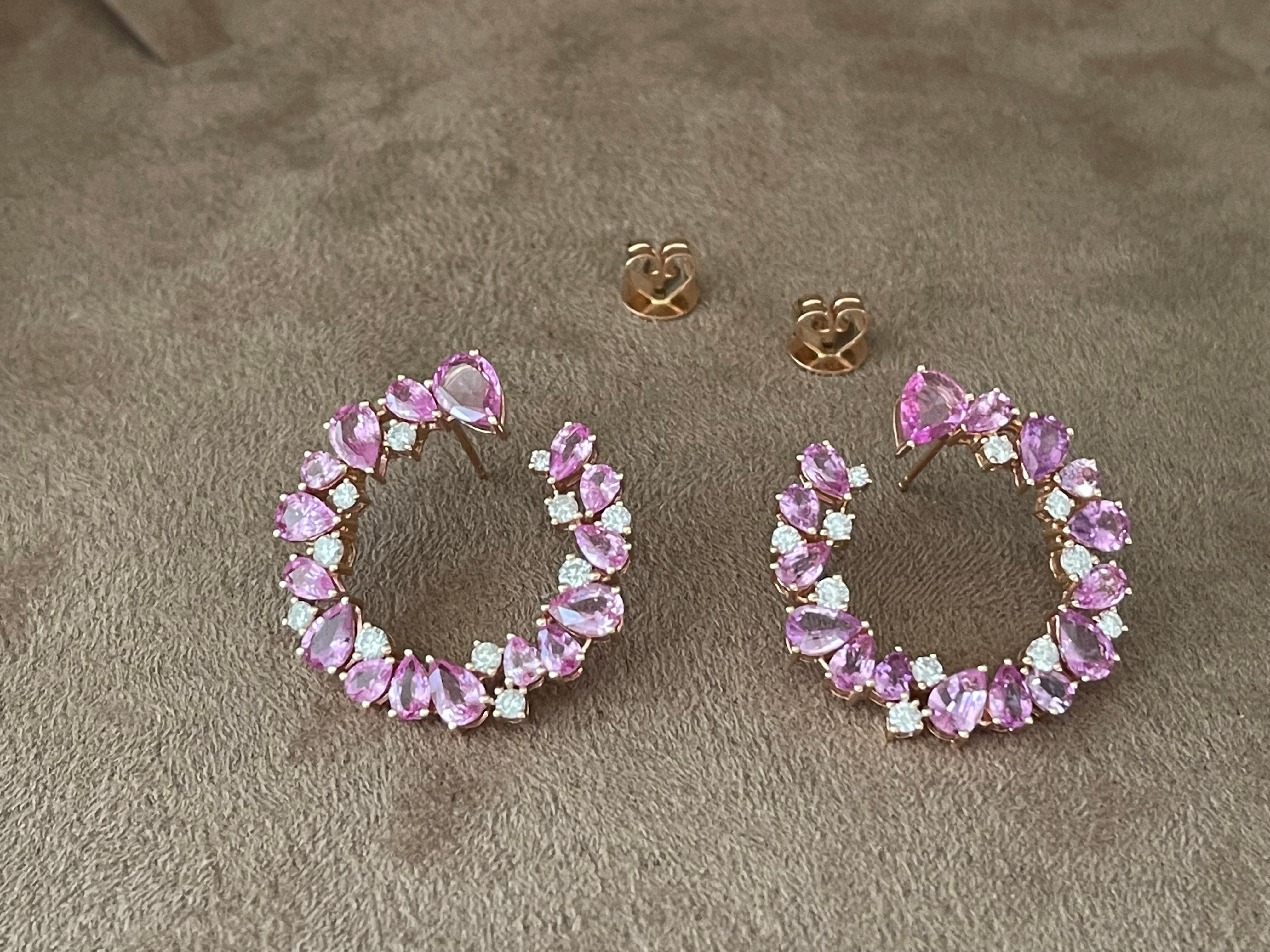 Women's 18 K Rose Gold Side Hoop Earrings Pink Sappire Diamonds For Sale