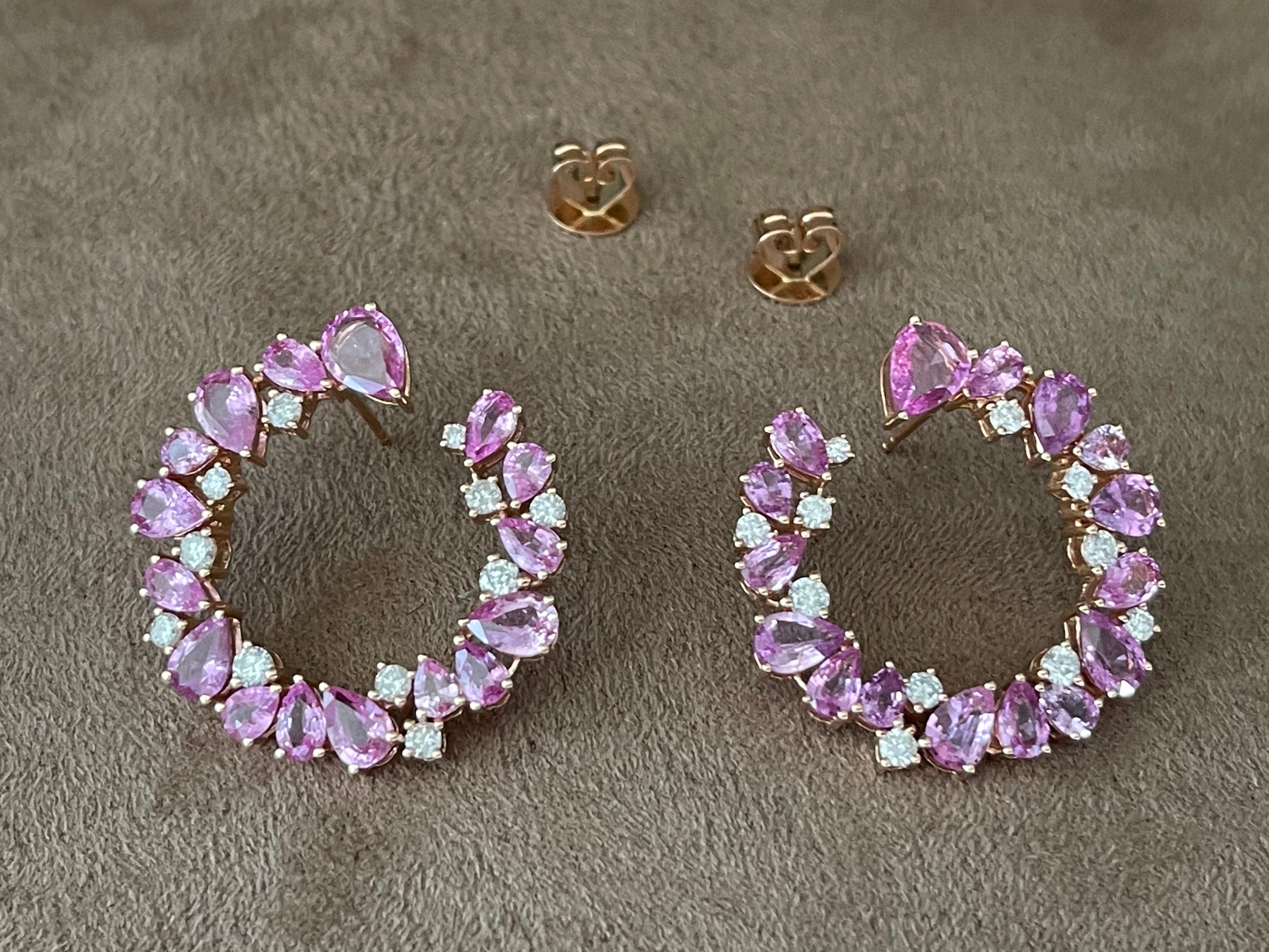 18 K Rose Gold Side Hoop Earrings Pink Sappire Diamonds For Sale 1