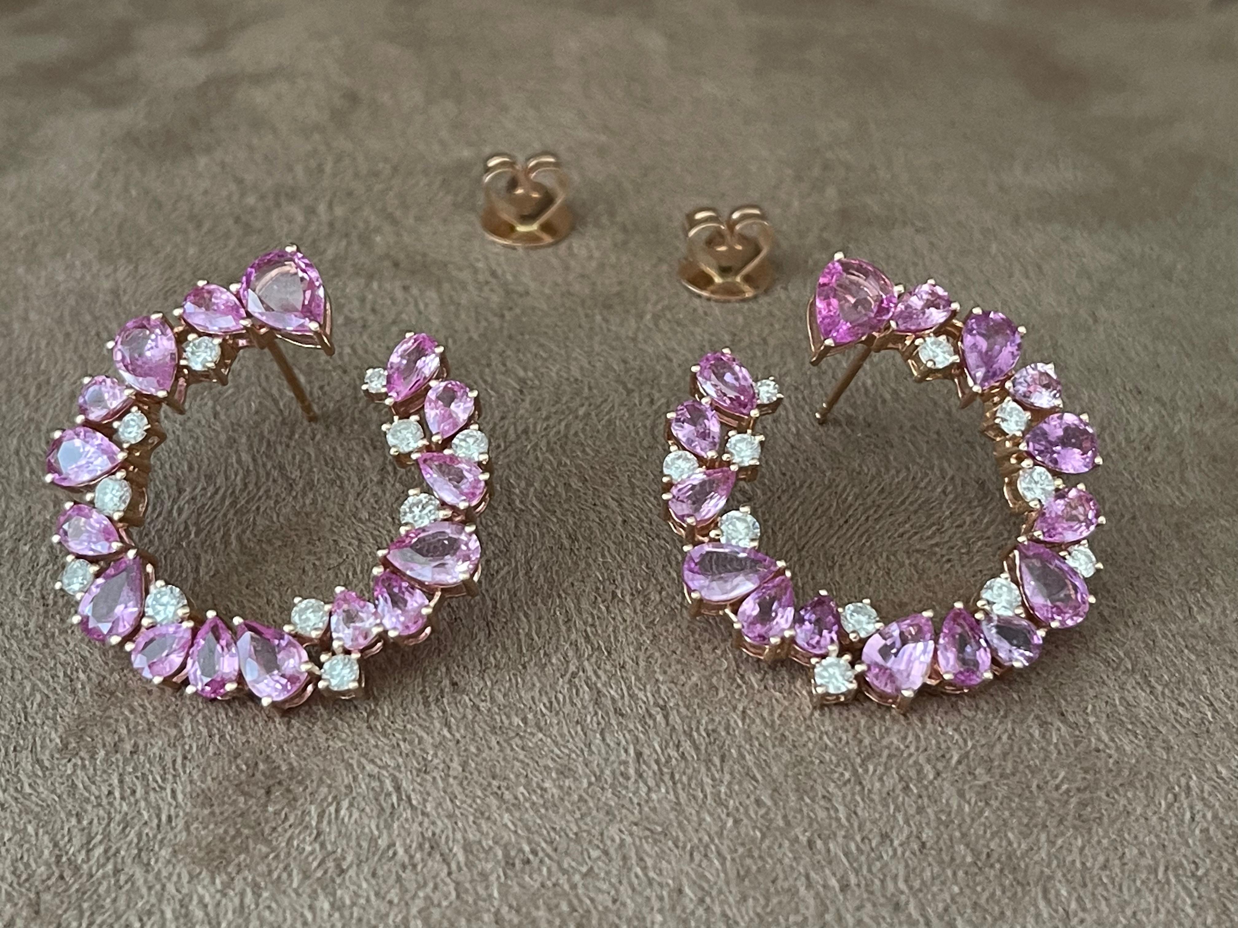 18 K Rose Gold Side Hoop Earrings Pink Sappire Diamonds For Sale 2