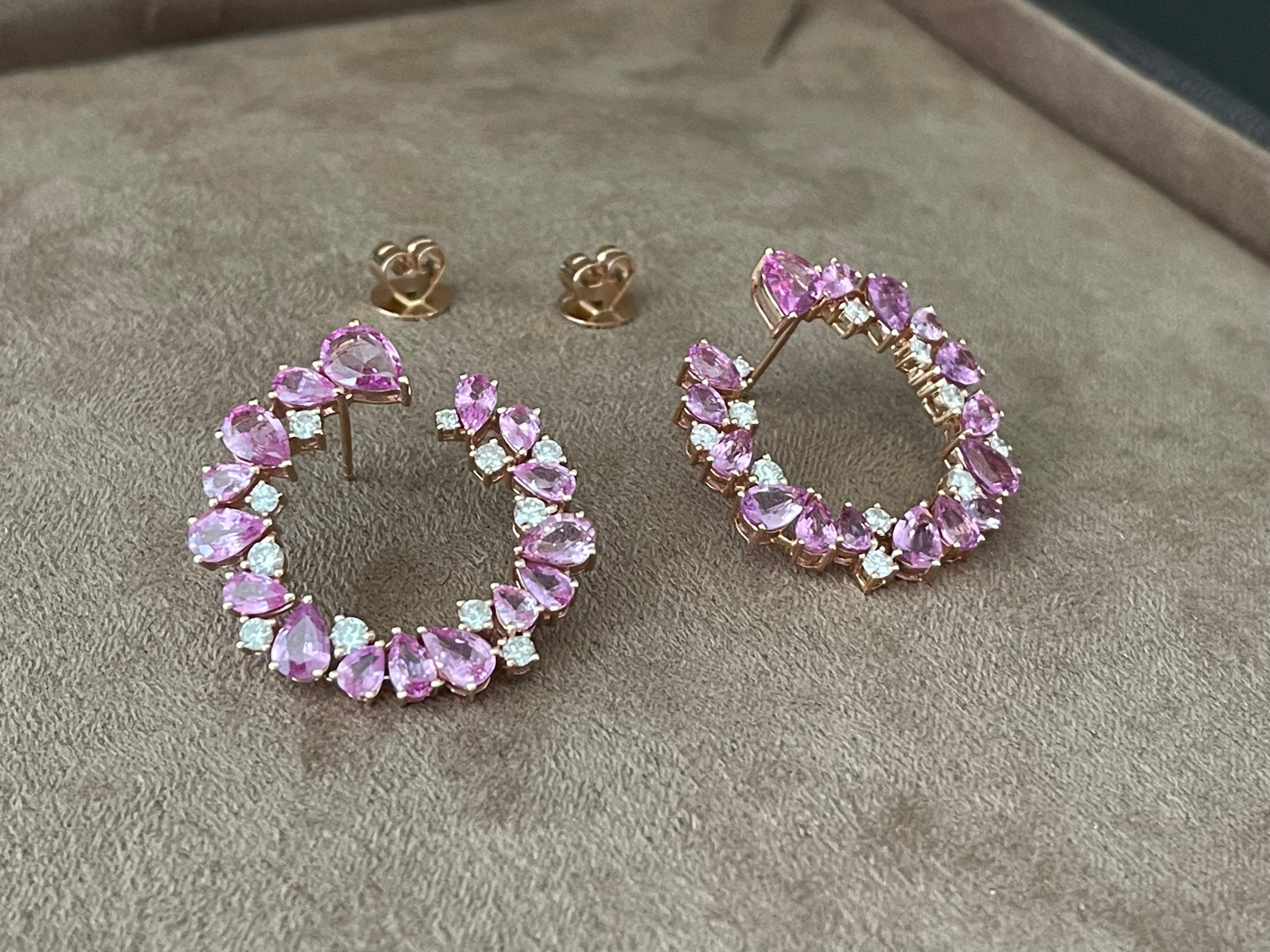18 K Rose Gold Side Hoop Earrings Pink Sappire Diamonds For Sale 3