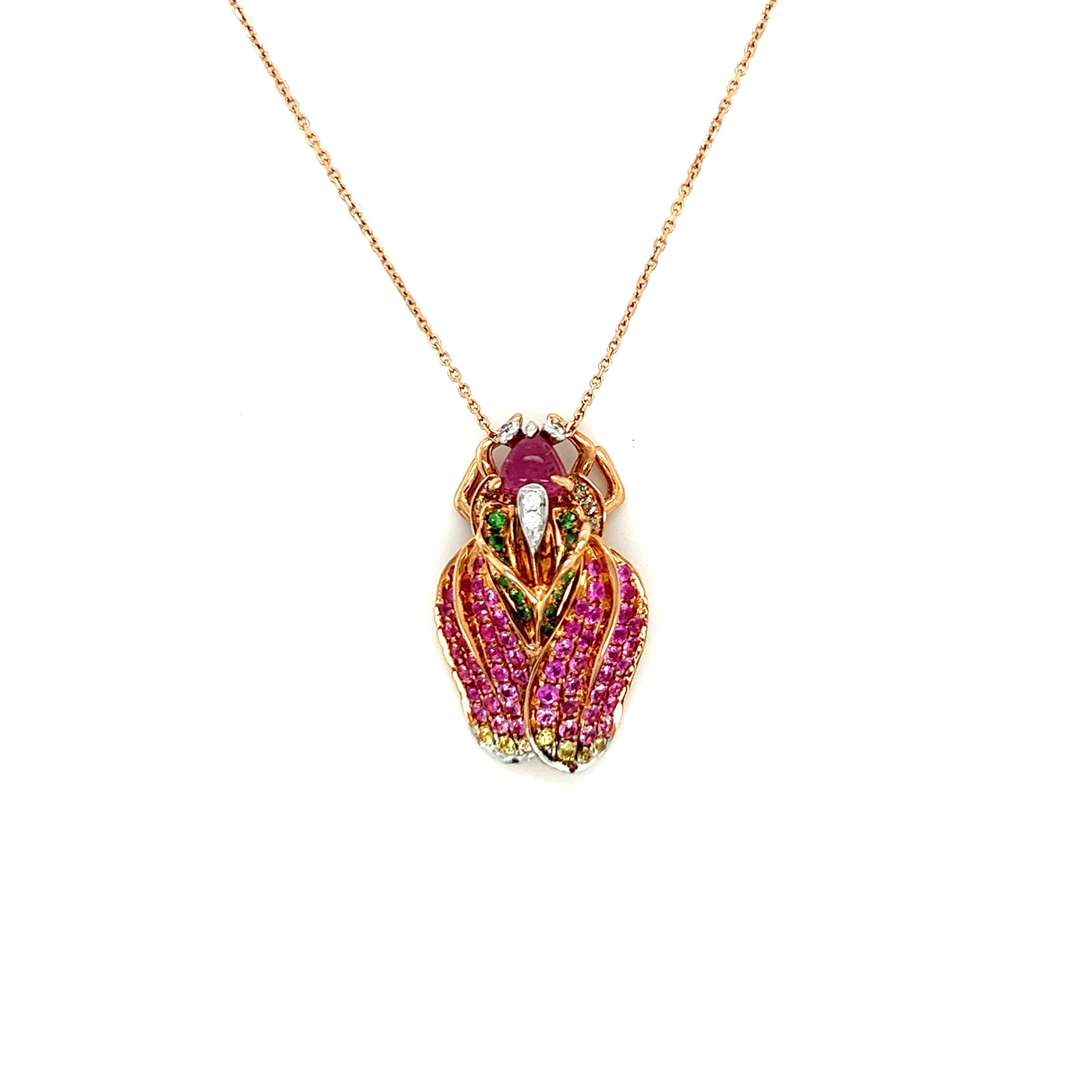Round Cut 18 K Rose Gold Tourmaline Diamonds Bug Pendant Necklace For Sale