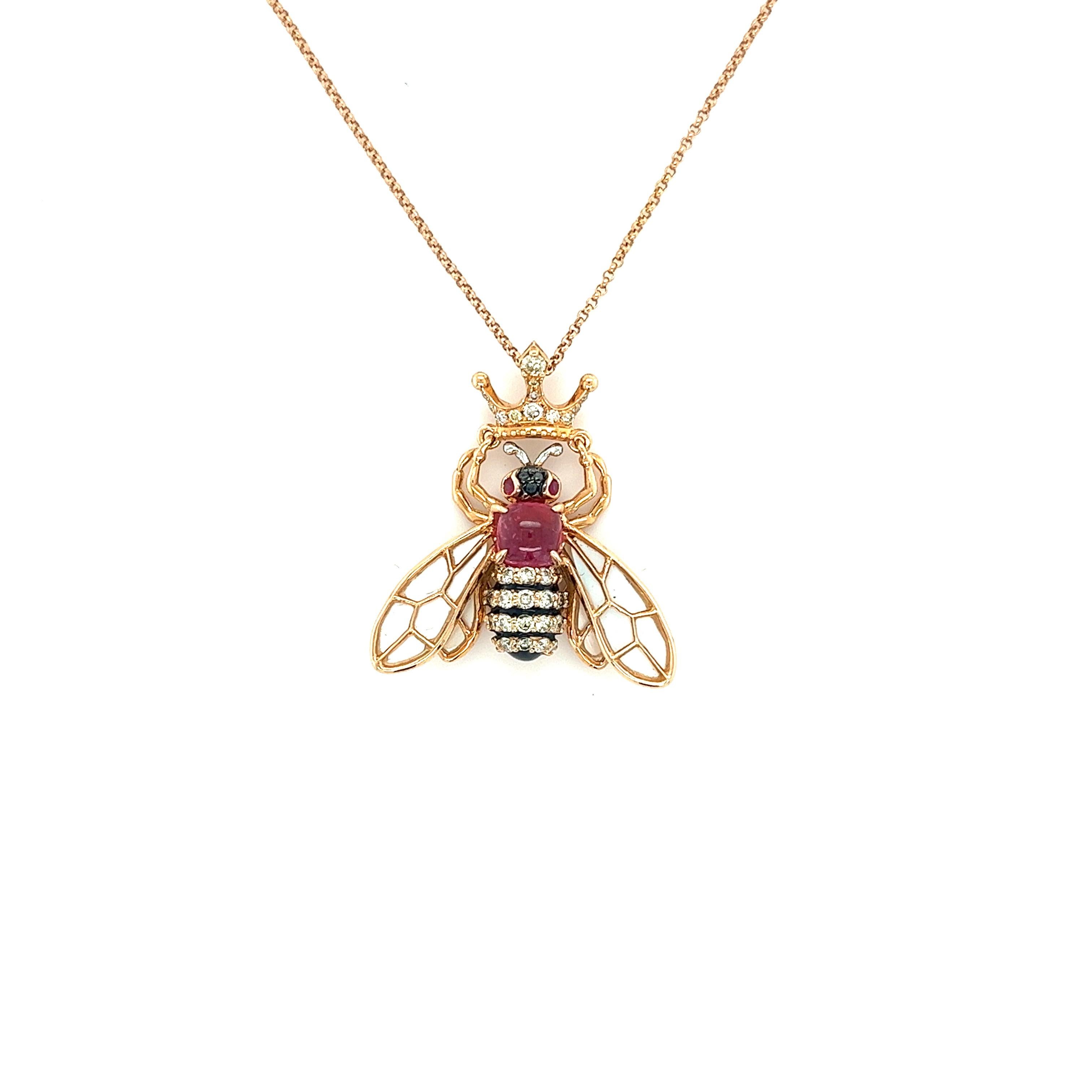 Modern 18k Rose Gold Tourmaline Diamonds Rubies Bee Pendant Necklace For Sale