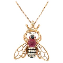 18k Rose Gold Tourmaline Diamonds Rubies Bee Pendant Necklace