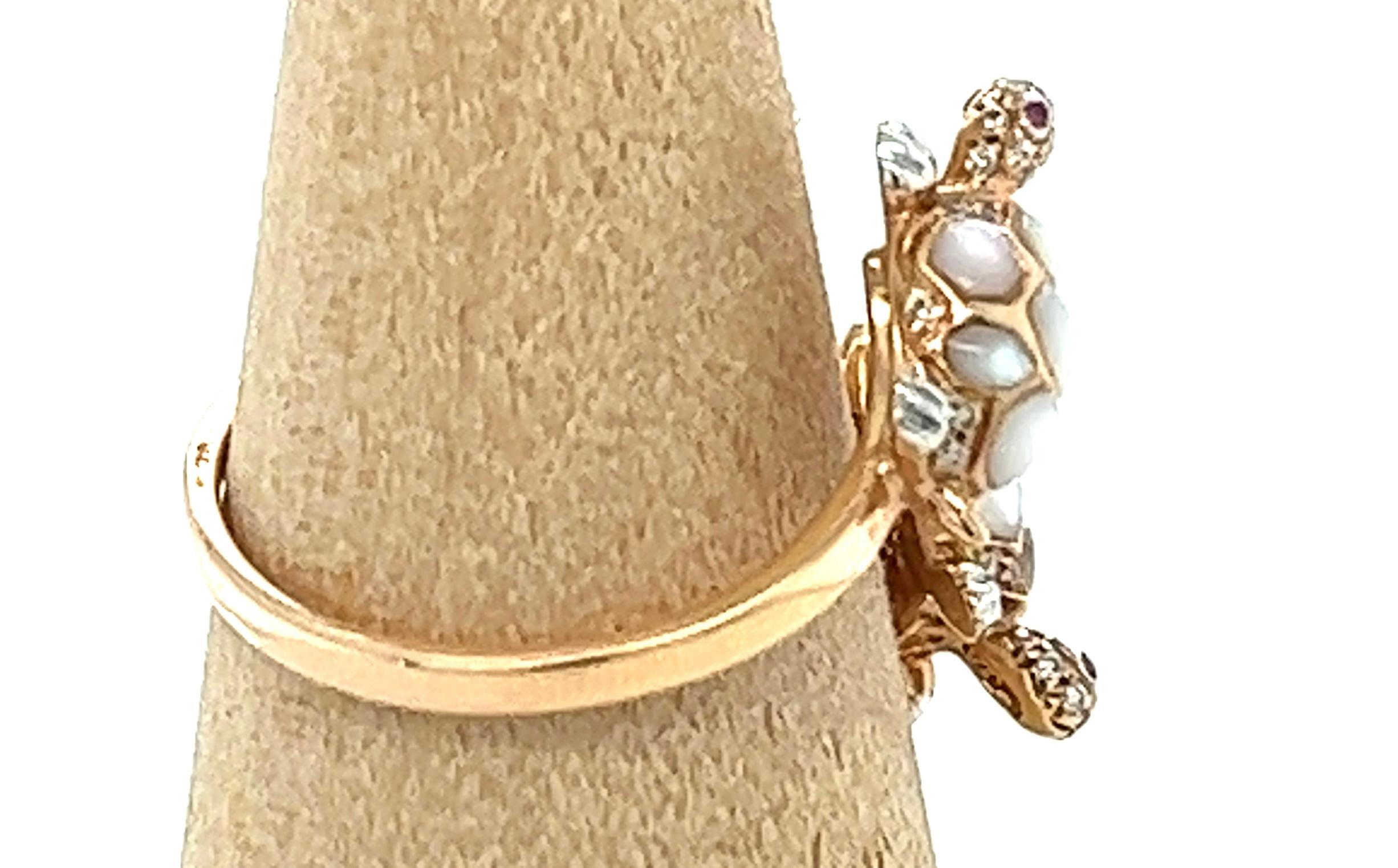 Modern 18K Rose Gold White Shell & Fancy Diamond Tortoise Ring For Sale