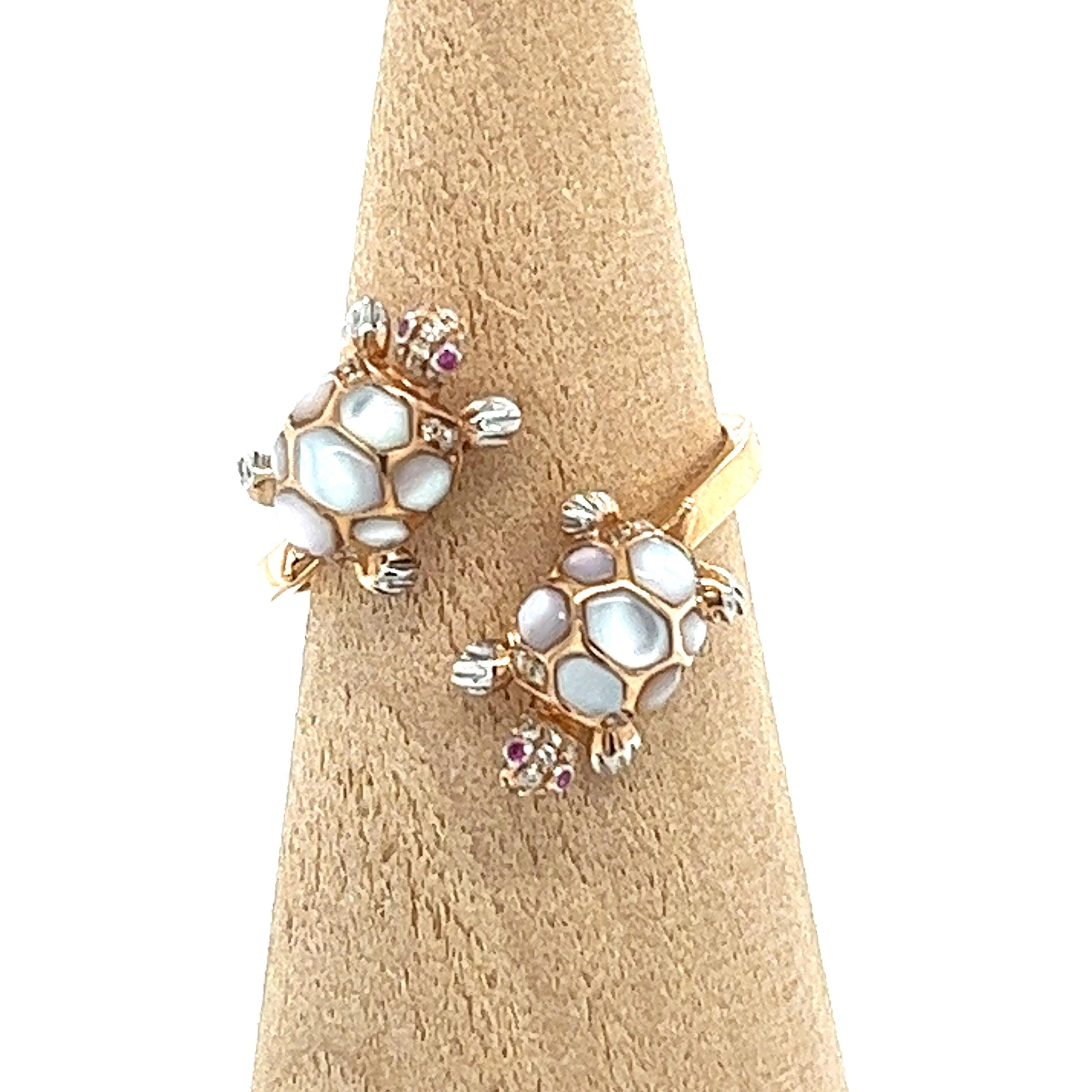 Round Cut 18K Rose Gold White Shell & Fancy Diamond Tortoise Ring For Sale