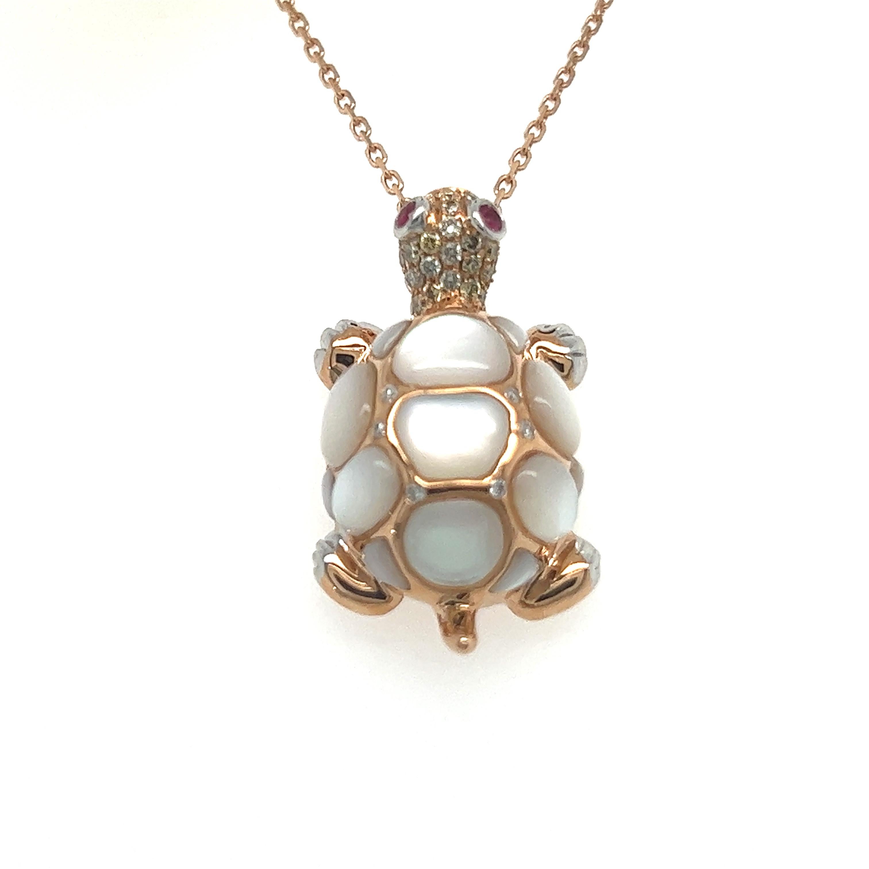 18 K Rose Gold White Shell & Fancy Diamonds Tortoise Necklace

6 Diamonds 0.03 CT
25 Fancy Diamonds 0.16 CT
2 Rubies 0.04 CT
13 White Pearls 3.85 CT
18 K Rose Gold 7.67 GM

The pearl meaning is centered around purity, balance, and inner wisdom.