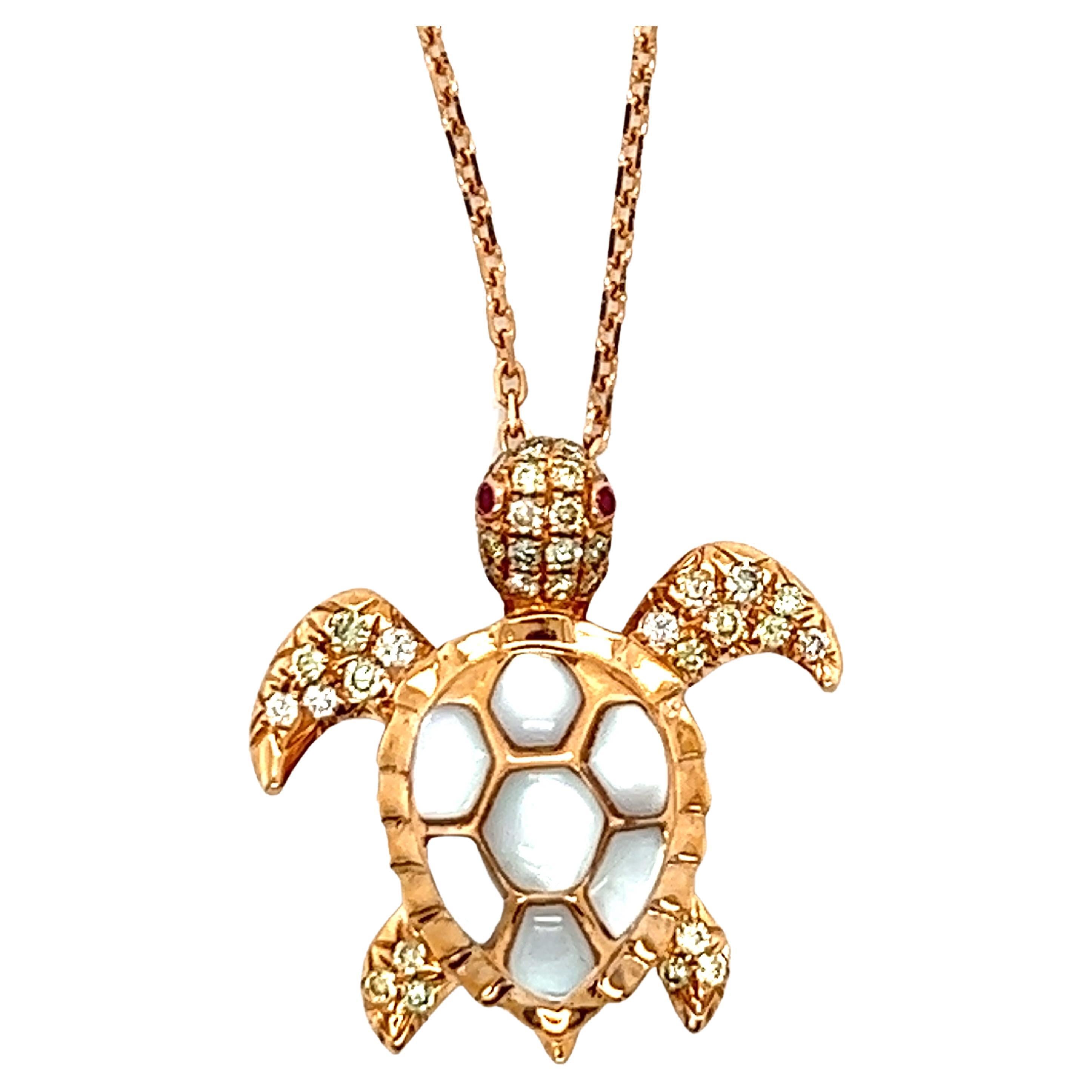 18 K Rose Gold White Shell & Fancy Diamonds Turtle Necklace For Sale