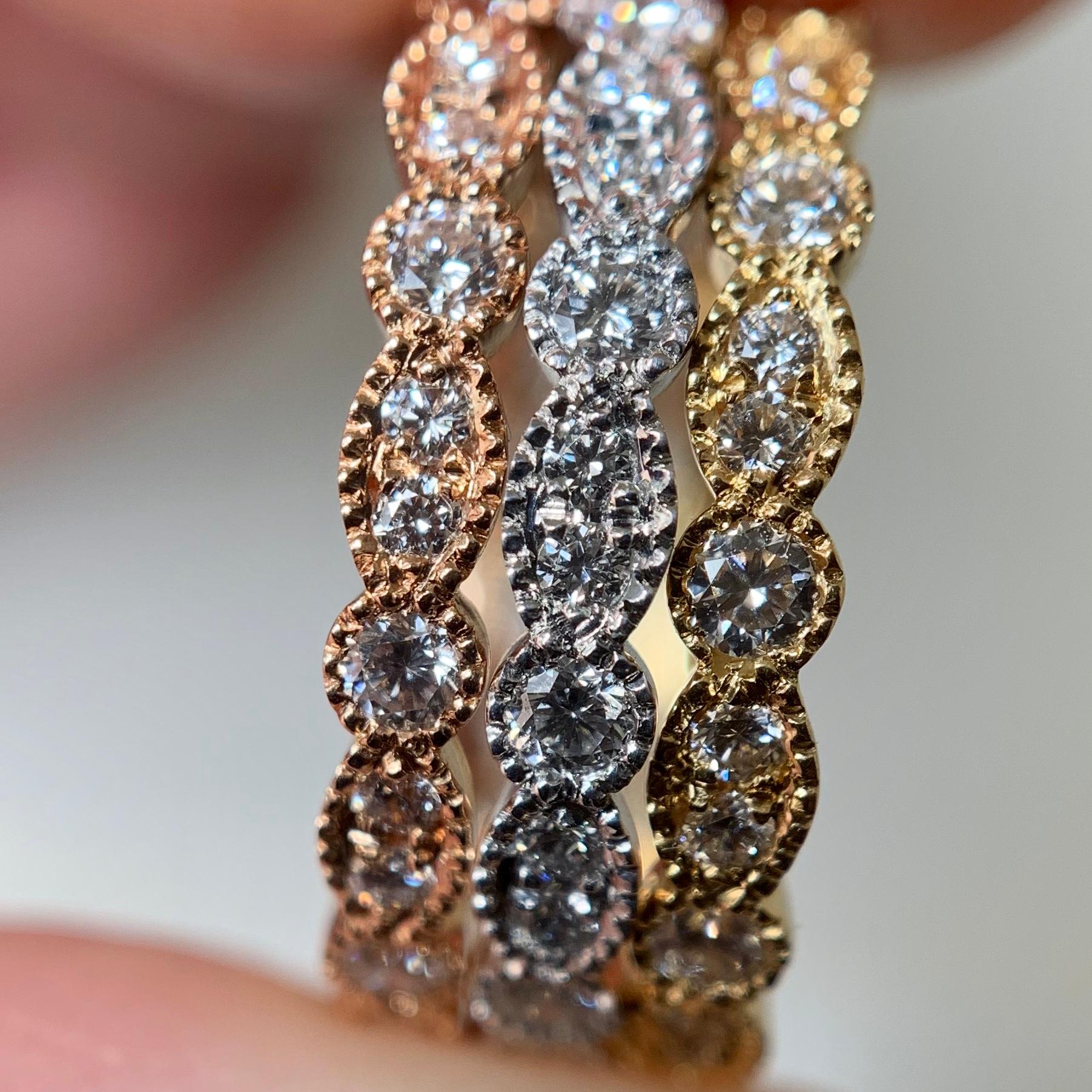 18 K Rose White Yellow Gold 1.62 Carat Diamond Handmade Milgrain Eternity Ring 5