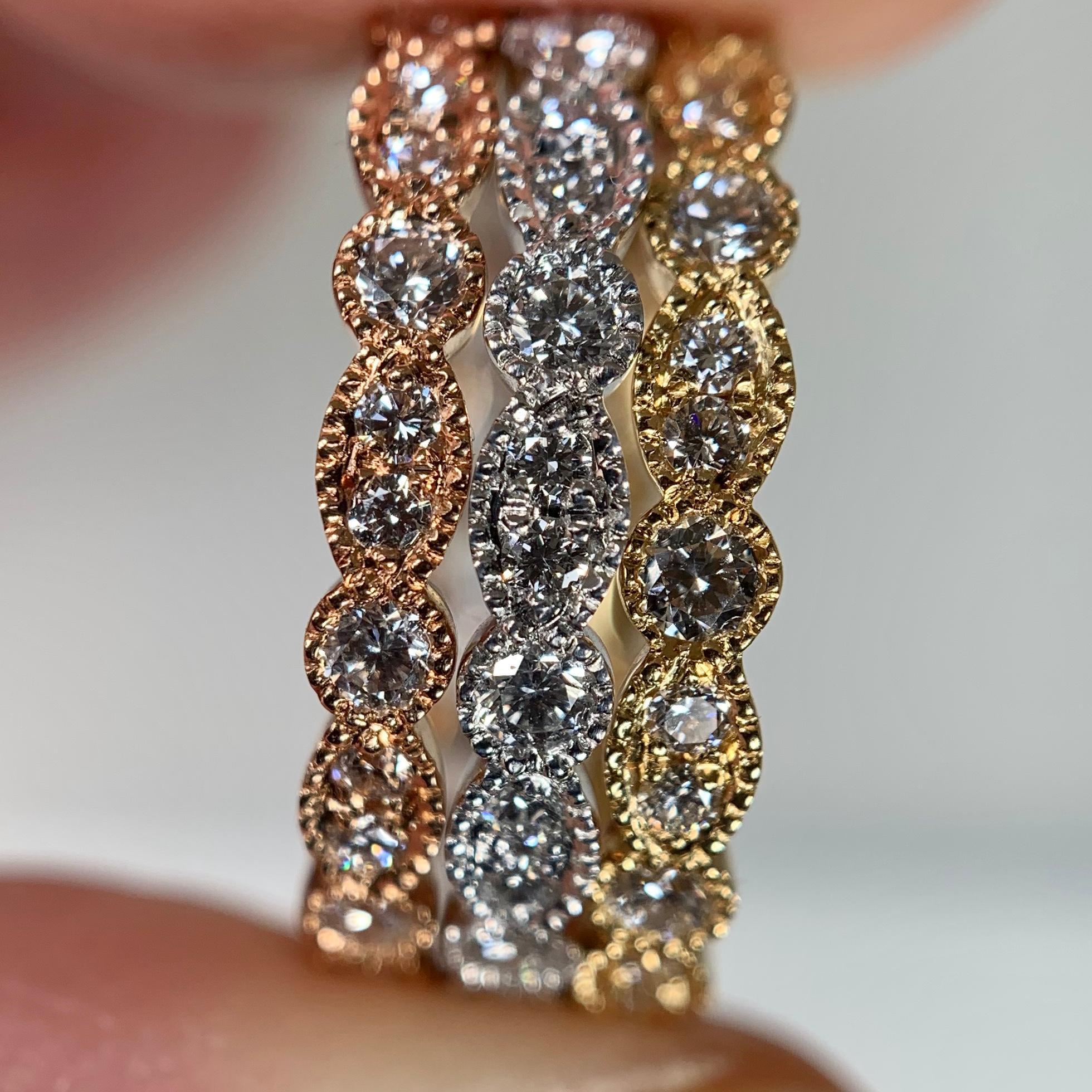 18 K Rose White Yellow Gold 1.62 Carat Diamond Handmade Milgrain Eternity Ring 6