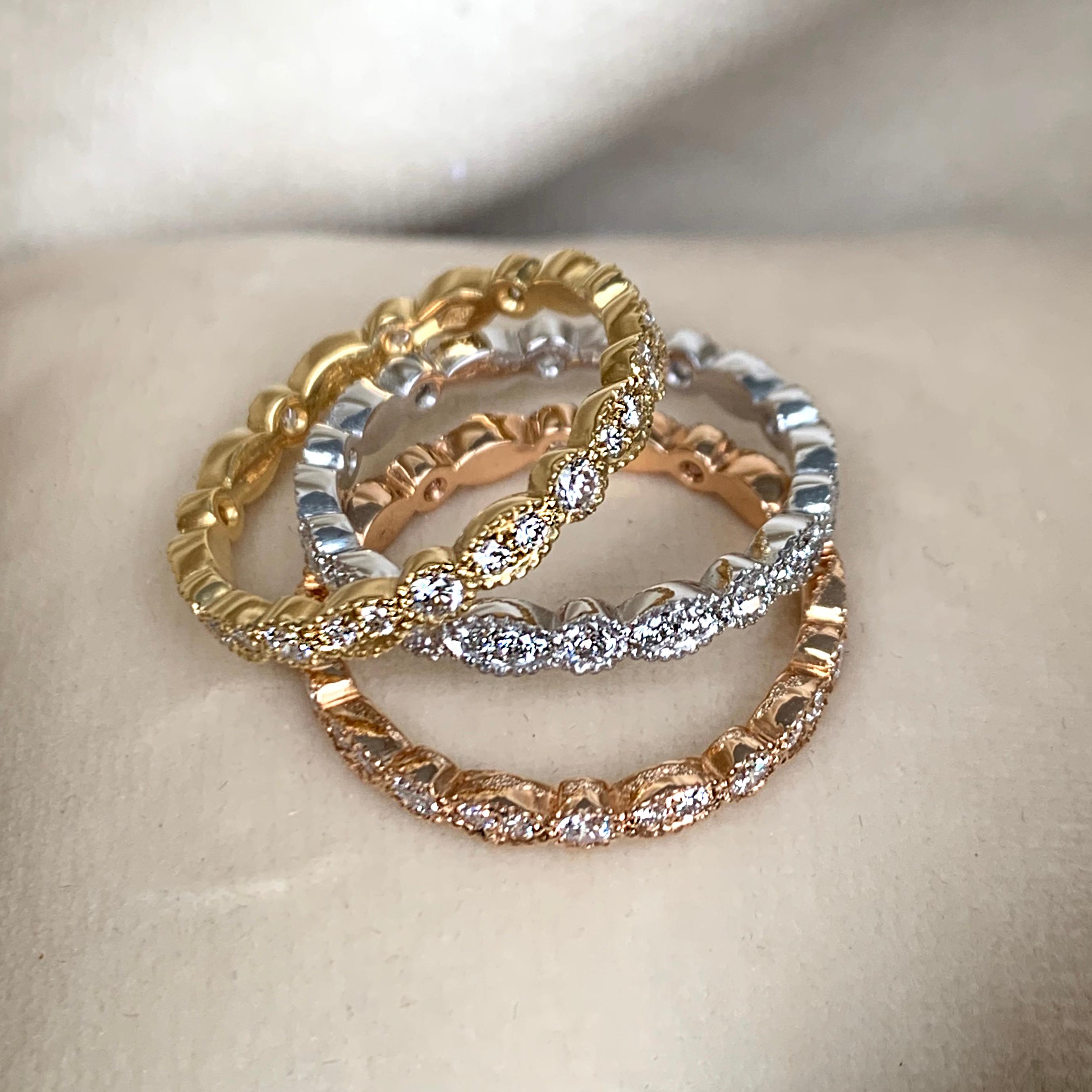 Art Deco 18 K Rose White Yellow Gold 1.62 Carat Diamond Handmade Milgrain Eternity Ring