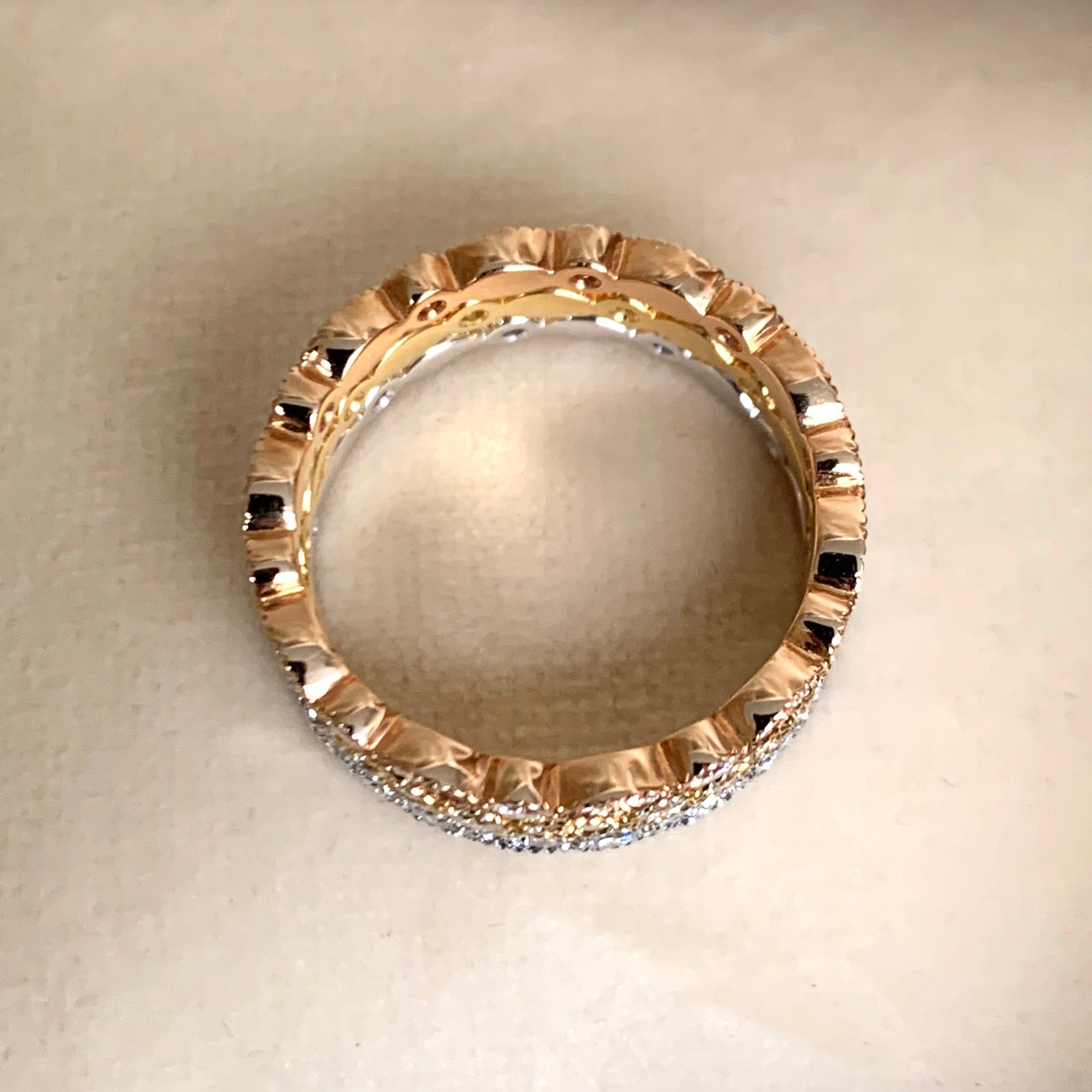 18 K Rose White Yellow Gold 1.62 Carat Diamond Handmade Milgrain Eternity Ring In New Condition In Antwerp, BE