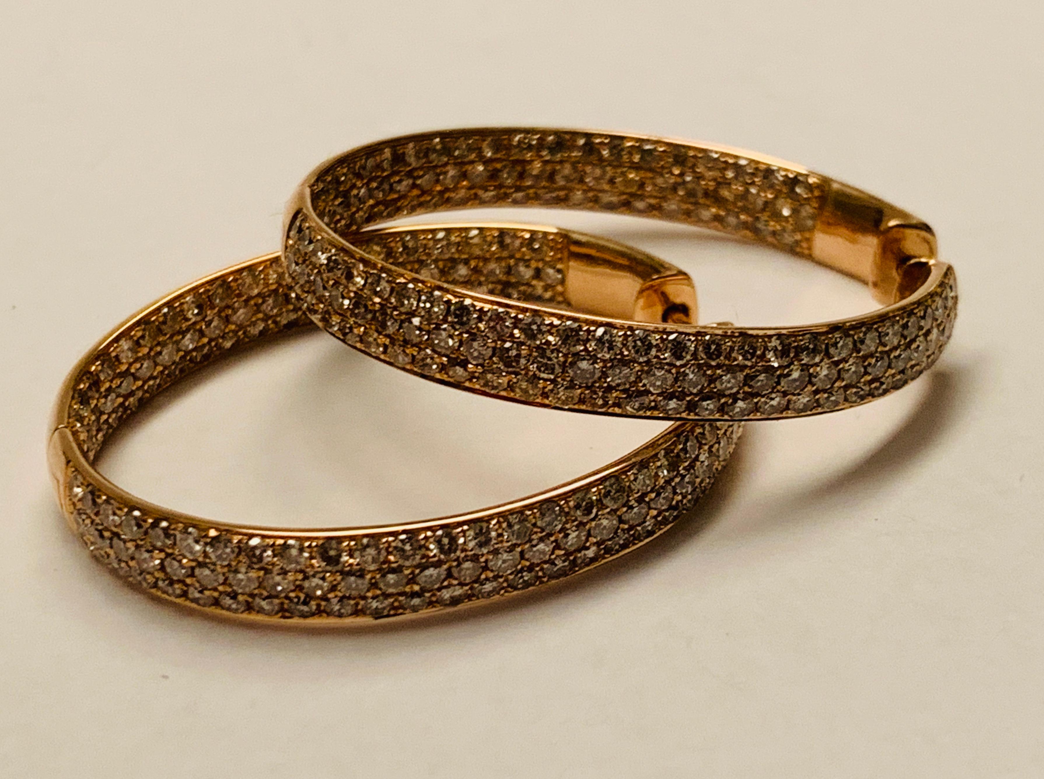 Women's 18 Karat Rose Gold Hinged Hoop Style Earrings Pave Set with Champagne Diamonds