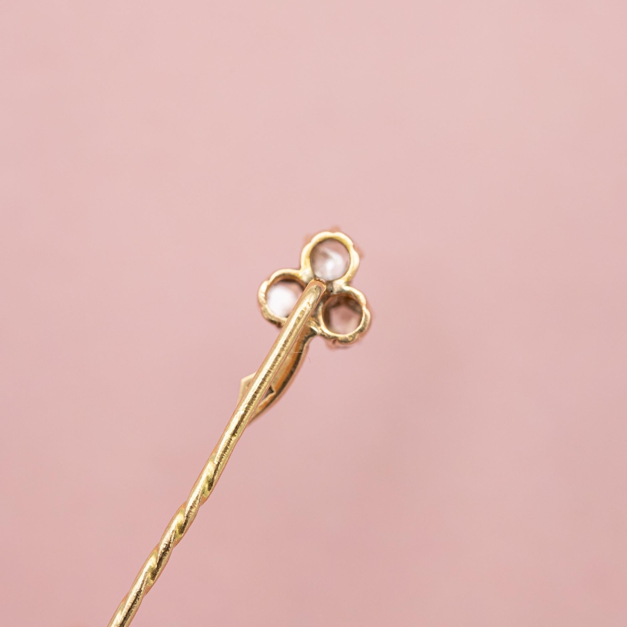 Women's or Men's 18 k solid gold stick pin - rose cut diamond clover - Antique Victorian brooch