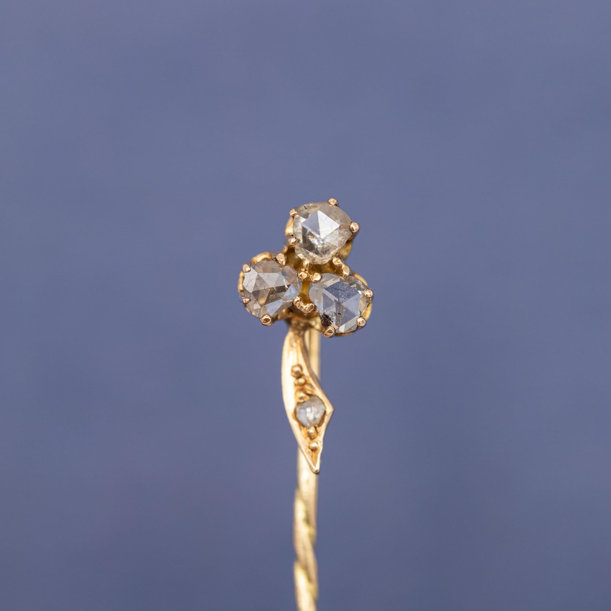 18 k solid gold stick pin - rose cut diamond clover - Antique Victorian brooch 2