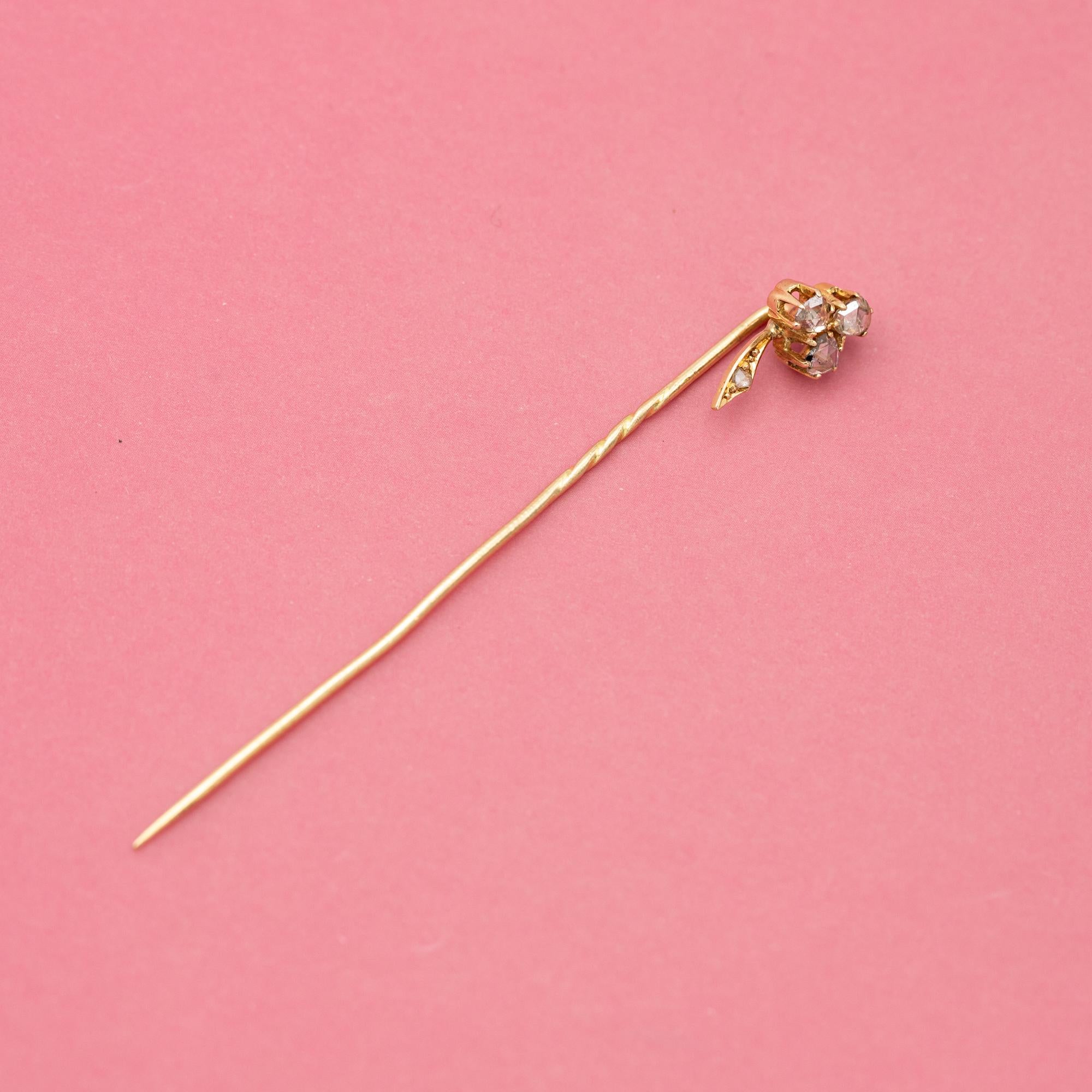 18 k solid gold stick pin - rose cut diamond clover - Antique Victorian brooch 3