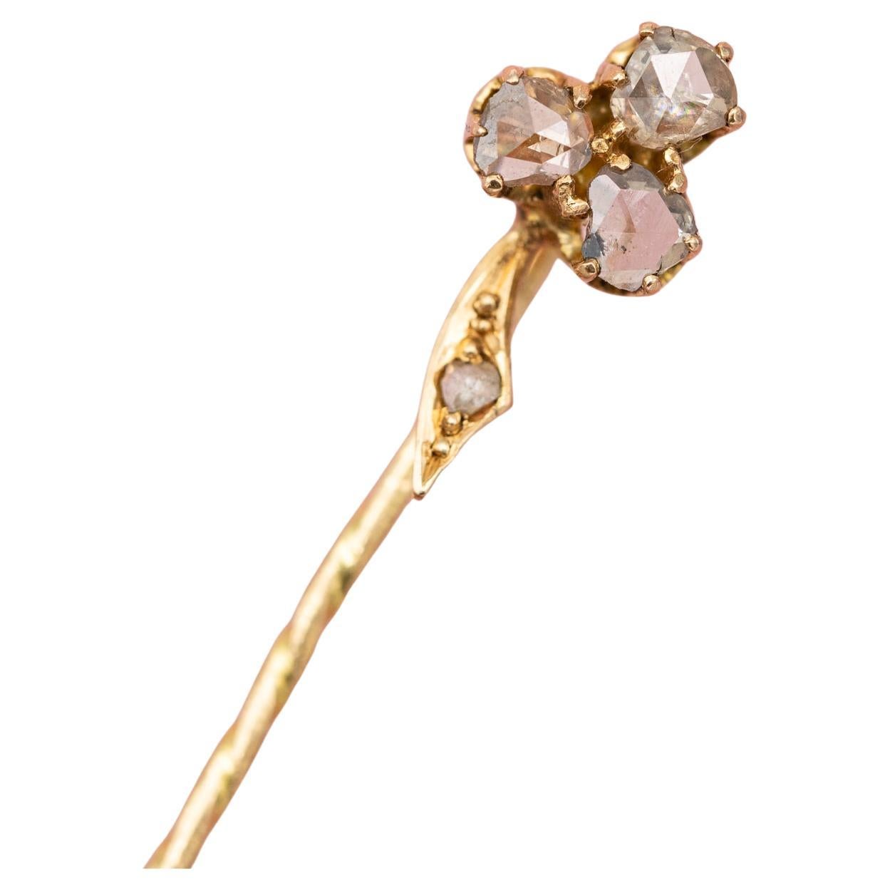 Alfiler de oro macizo de 18 k - trébol de diamantes talla rosa - Antiguo broche victoriano