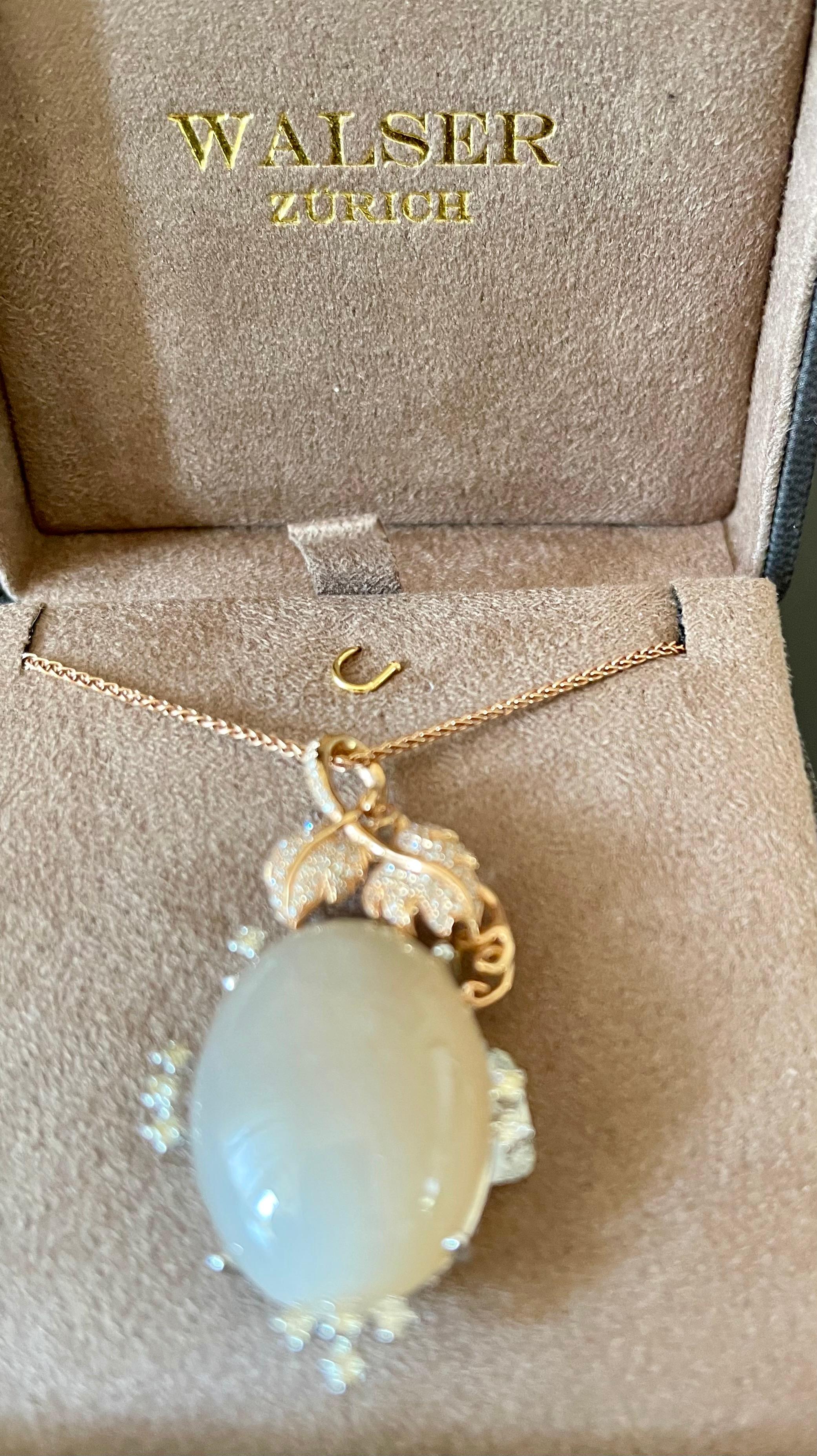 Women's or Men's 18 K White and Rose Gold Chain with Pendant Moonstone and Diamonds For Sale