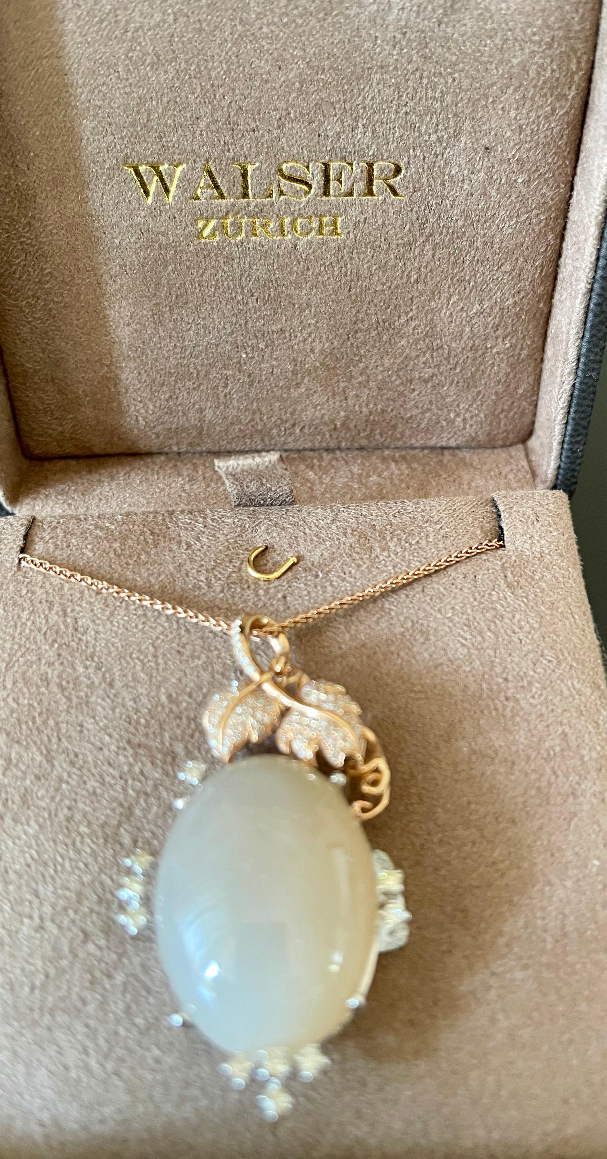 18 K White and Rose Gold Chain with Pendant Moonstone and Diamonds For Sale 1