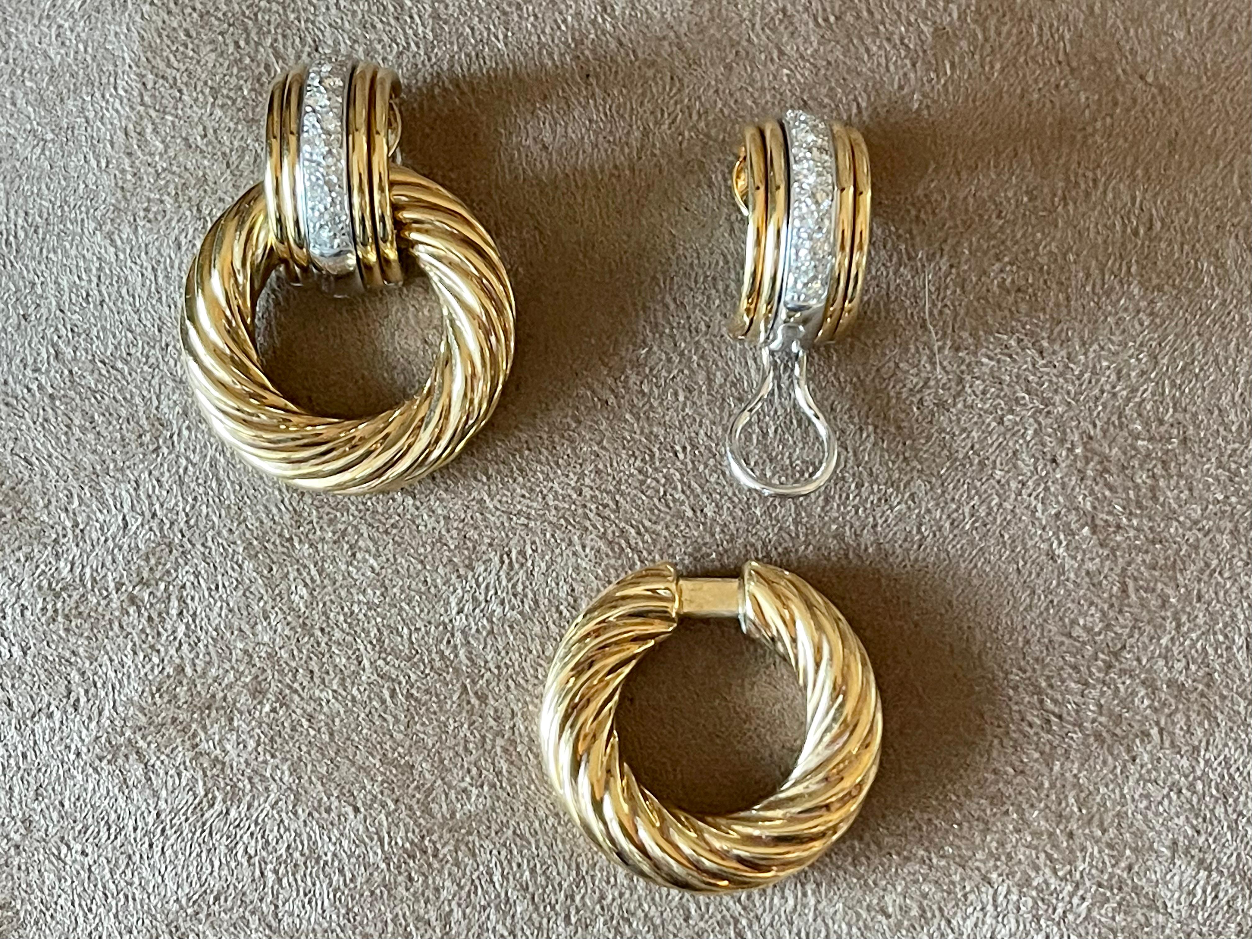 18 K White and Yellow Gold Diamond Hoop Earclips Interchangeable Signed Péclard In Excellent Condition For Sale In Zurich, Zollstrasse