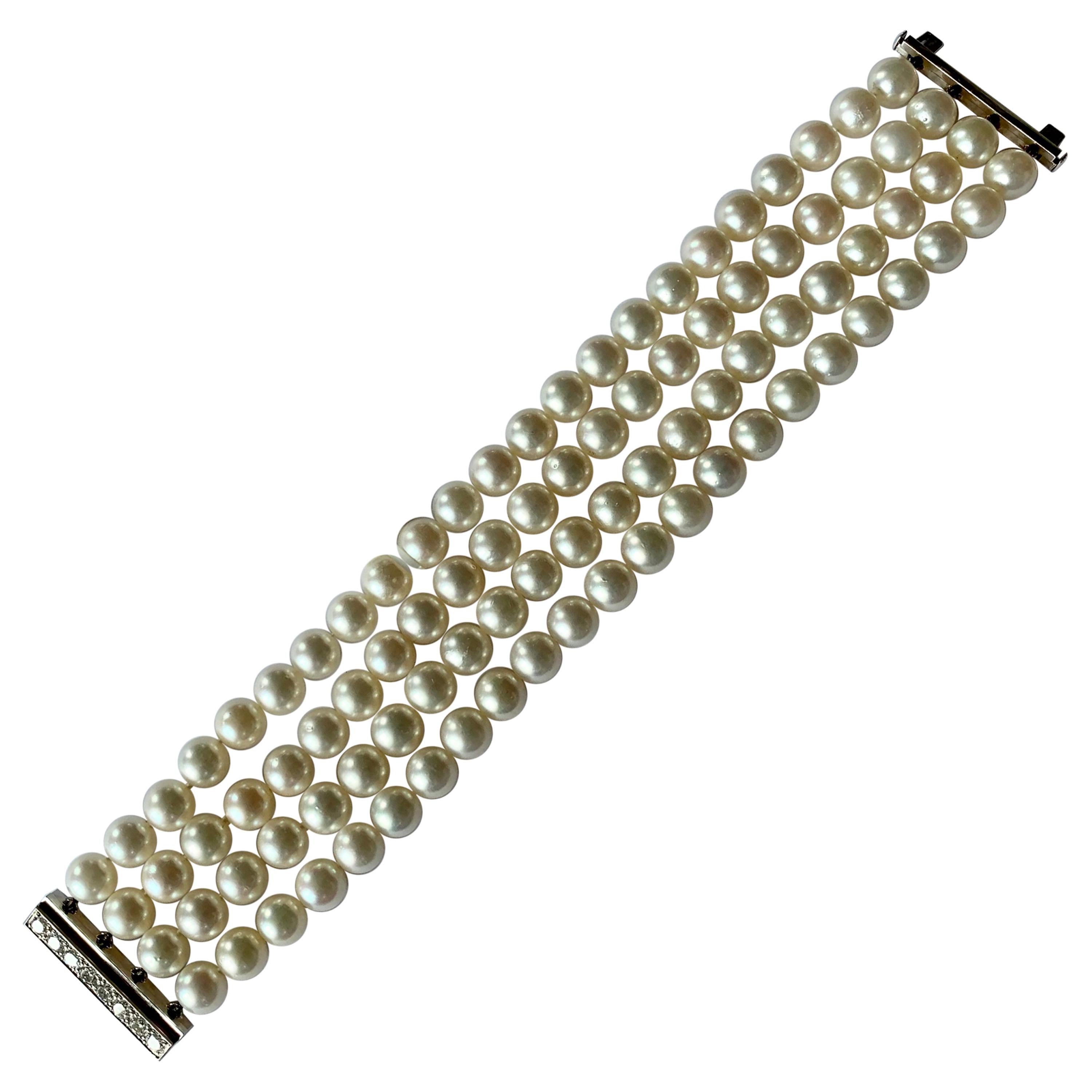 White Cultured Pearl 18 Karat White Gold and Diamond 3-Row Bracelet For ...