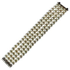 18 Karat White Cultured Pearl and Diamond 4-Row Bracelet by Meister Zurich
