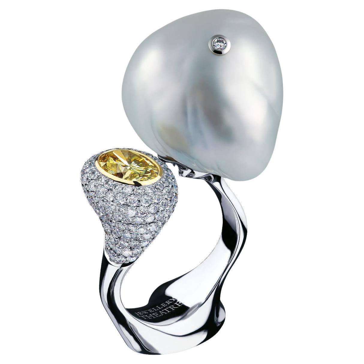 18 K White Gold 1.03 Ct Fancy Yellow Diamond White South Sea Baroque Pearl Ring For Sale