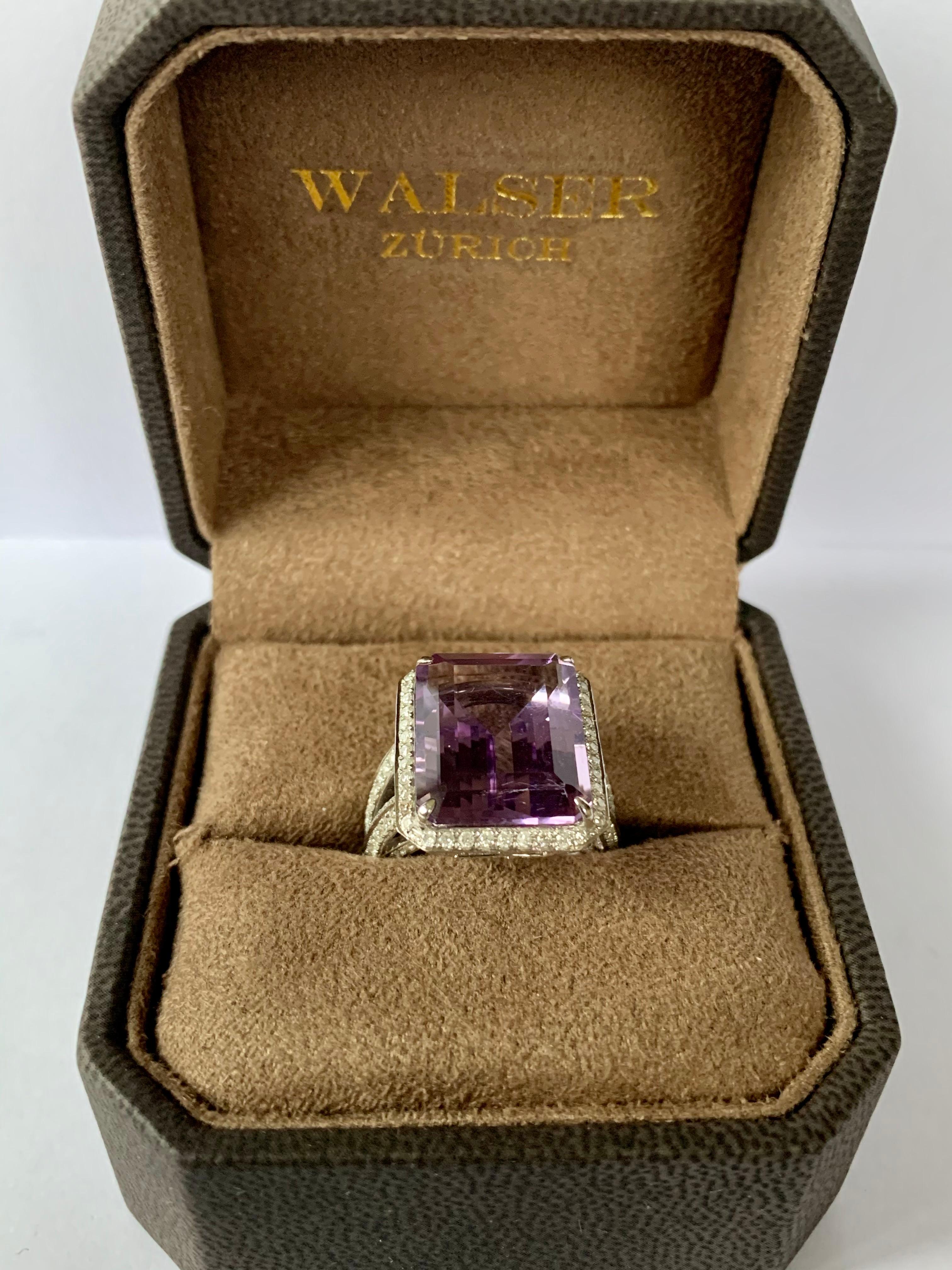Anillo Cóctel Amatista Diamante Oro Blanco 18 K Corte esmeralda en venta