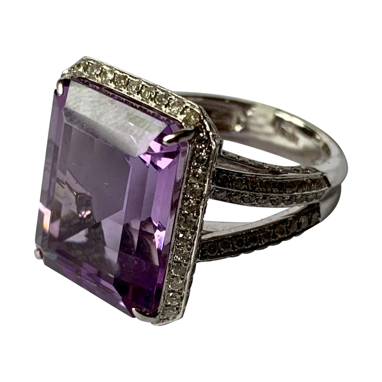 Anillo Cóctel Amatista Diamante Oro Blanco 18 K en venta