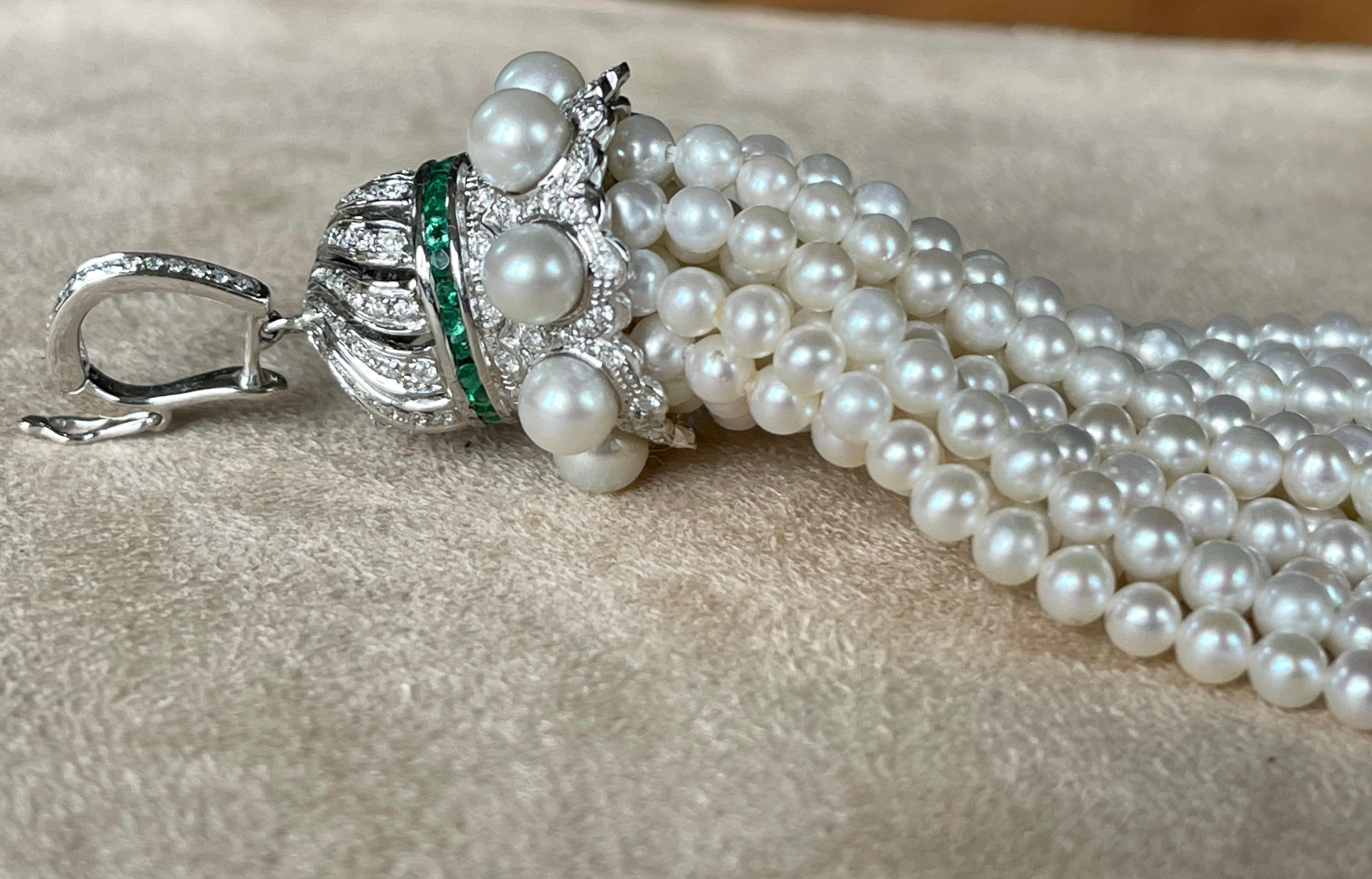 Women's 18 K White Gold Art Deco Style Pearl Diamond Emerald Tassel Pendant For Sale