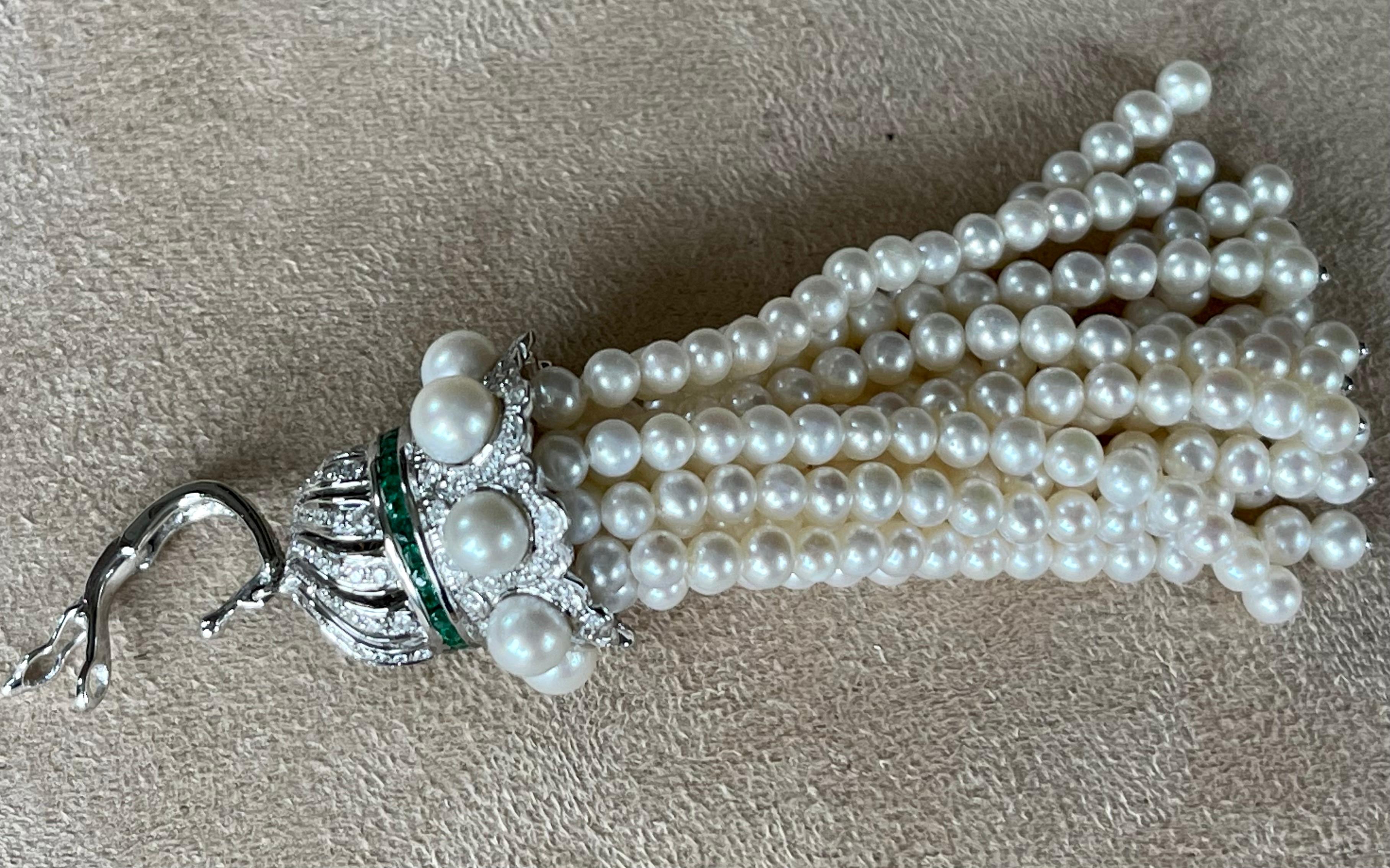 18 K White Gold Art Deco Style Pearl Diamond Emerald Tassel Pendant For Sale 1