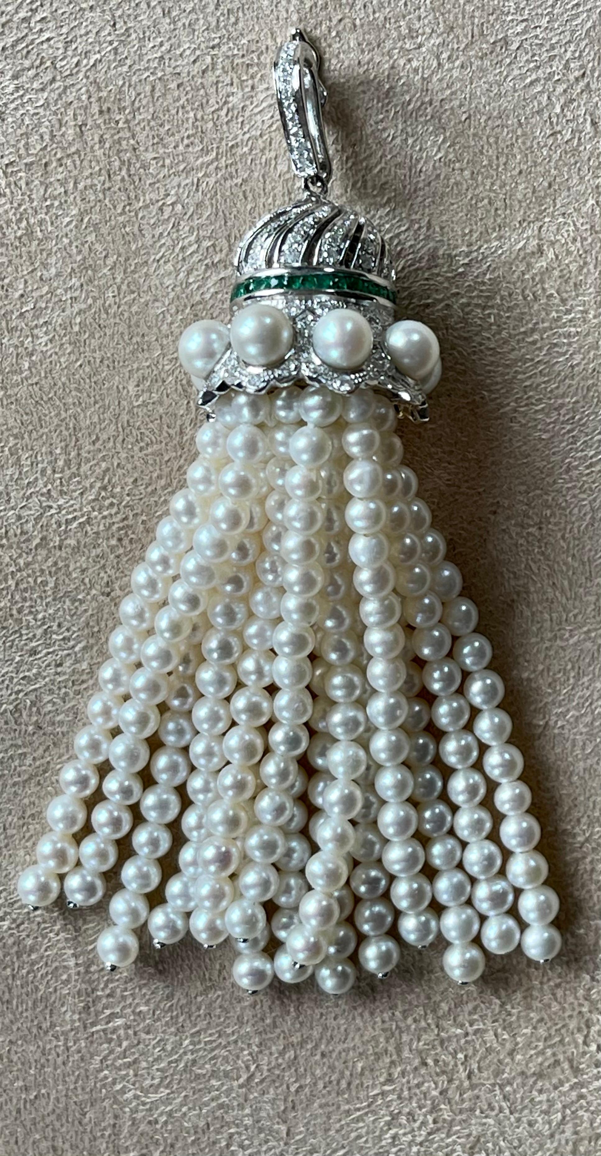 18 K White Gold Art Deco Style Pearl Diamond Emerald Tassel Pendant For Sale 3