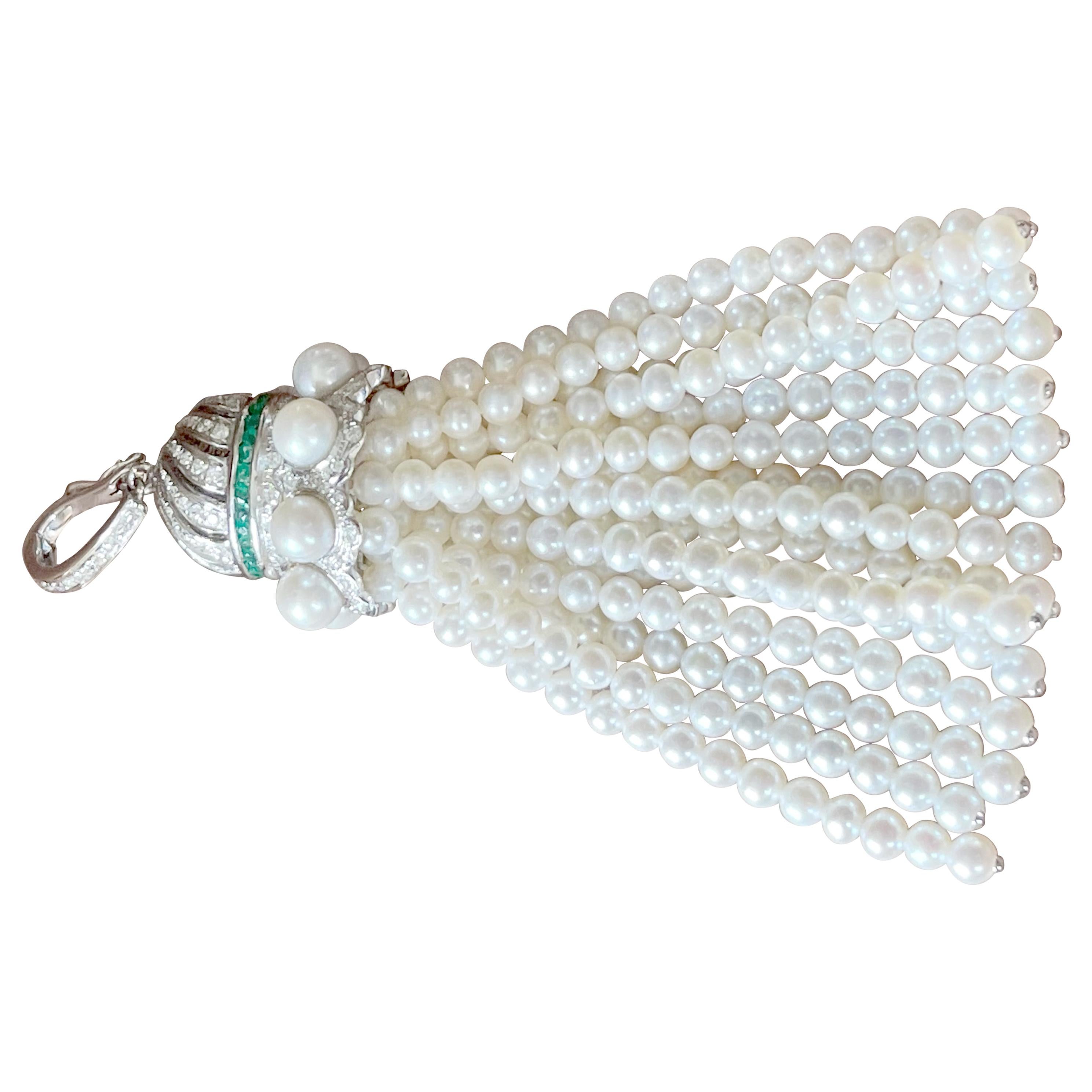 18 K White Gold Art Deco Style Pearl Diamond Emerald Tassel Pendant For Sale