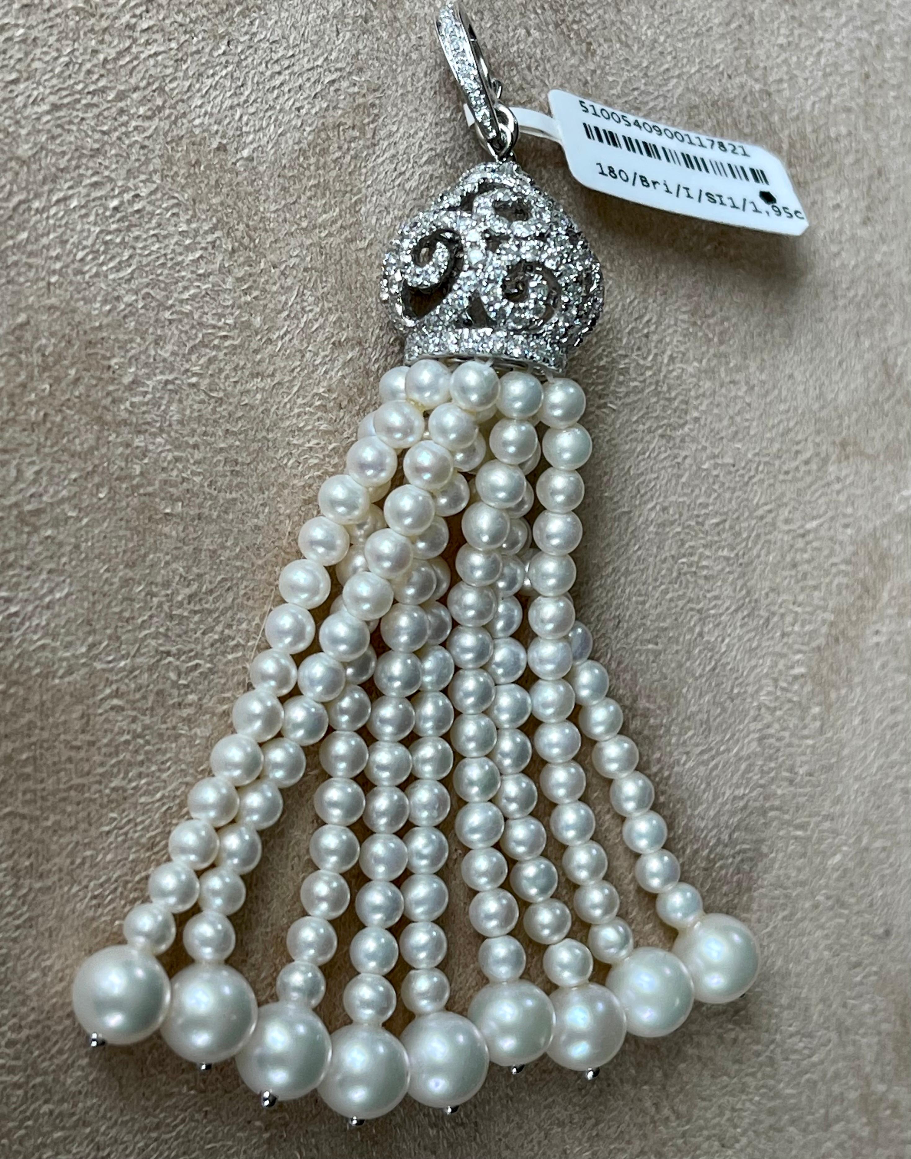 Women's or Men's 18 K White Gold Art Deco Style Pearl Diamond Tassel Pendant For Sale