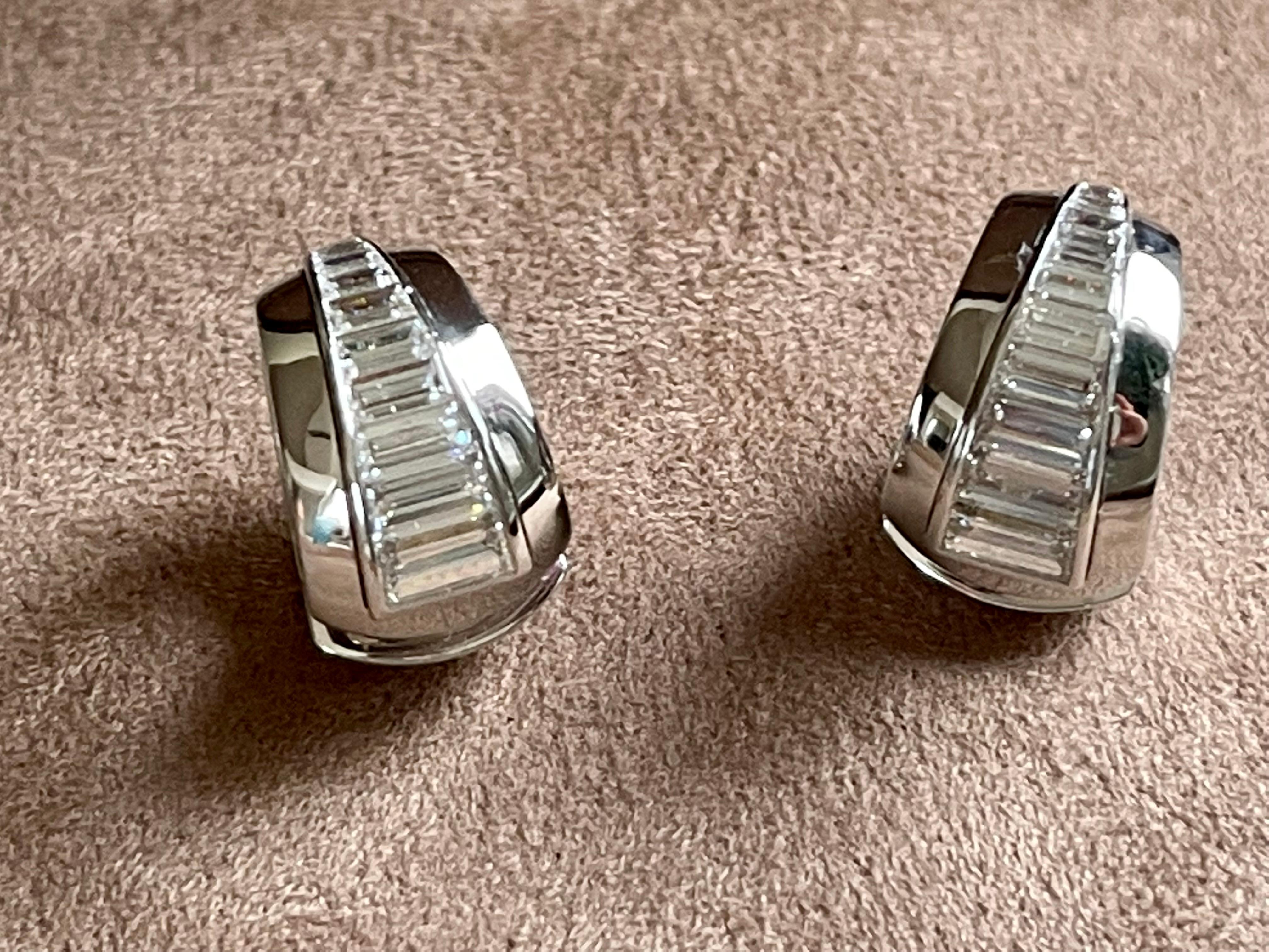 18 K White Gold Baguette Diamond Hoop Earrings For Sale 2