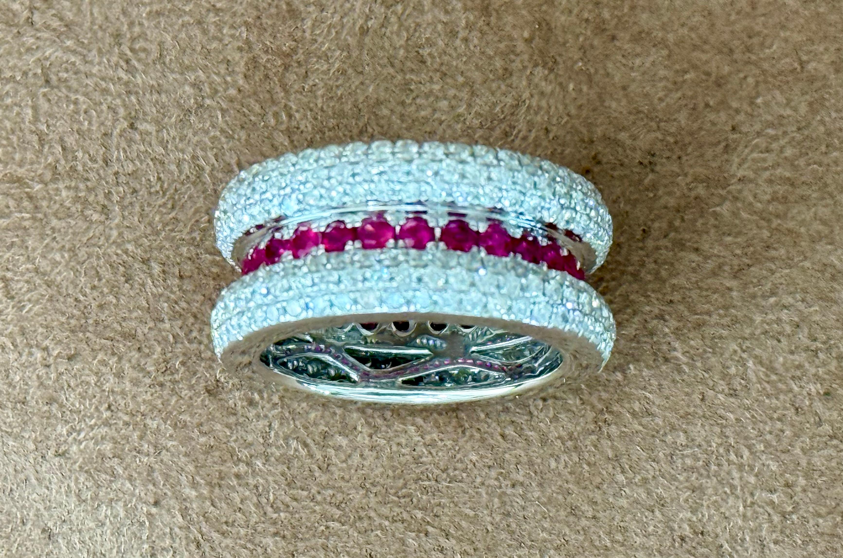 Brilliant Cut 18 K white Gold Band Pave Ring Ruby Diamonds For Sale
